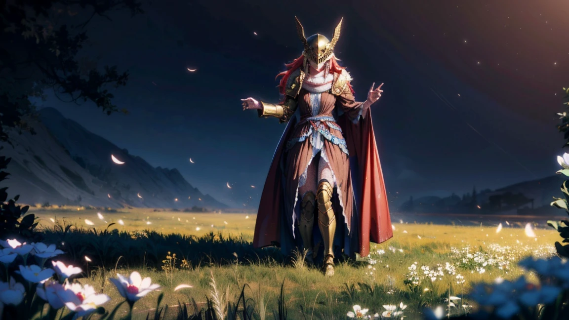 very detailed, high quality, masterpiece, prosthesis ноги, fantasy medieval, Single mechanical arm, prosthesis, armor, e.g, Helmet, brown dress, a sword, holding a sword, full body, wide shot, flower, water, field withered grass, red river, One, sunset, stylebuff, night, (dark environment), very detailed, high quality, masterpiece, beautiful, 1 girl, Single mechanical arm, armor, e.g, Helmet, full body, (Best quality)), ((masterpiece: 1.2) ), (extremely detailed: 1.1), (8 K, high quality, cinematic, hyper realistic, illustration), ( Octane rendering, game character, Ray tracing, HDR), (16mm focal length , f/4 apertures, Dynamic perspective, depth of field), (1 girl, Dynamic angle, casting pose. small, long bright red hair, blood-like, brown dress из шиповника, Single mechanical arm, prosthesis ноги, prosthesis, boots of battle. Cloak of blood, underlying golden armor, valley of withered flowers, ancient sculptures around it), 3d, realistic, computer graphics, 3d модель, beautiful, elegant, confident, (hdri, blossom, edge lighting, soft lighting, restrained), zhongfenghua, Gentle\(armor\) ancient robe, golden Helmet, magician_glamorous, caftan,