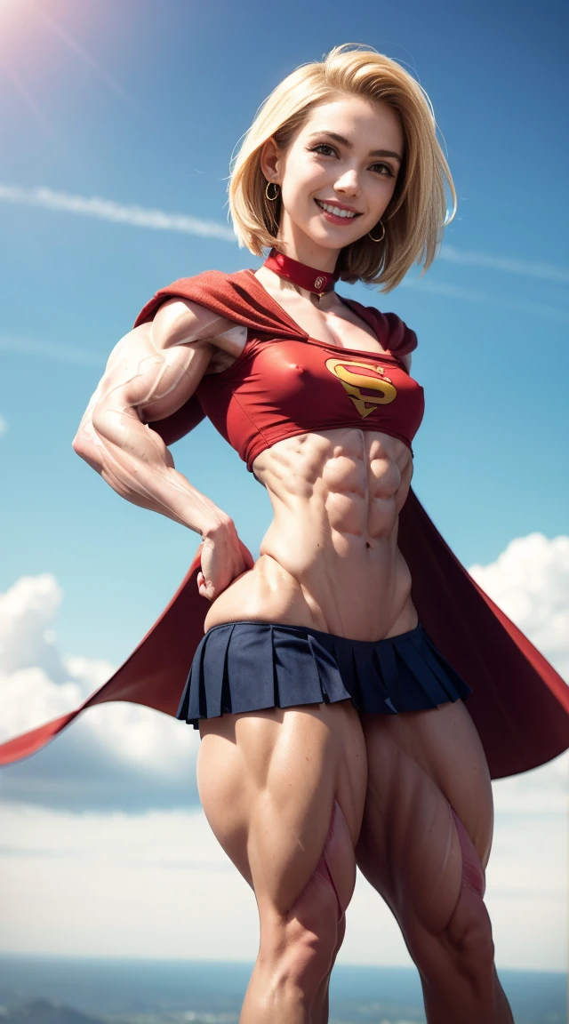 (Muscular:2), (thick thighs:1.9),
(blonde female:1.3), supergirl, (big smile:1.4), (android 18 haircut),
earrings, lipstick, eyeshadow,
(hard nipples:1.2),
(small red cape:1.3), (pleated skirt:1.6), (tanktop, midriff:1.2), choker,
(looking at viewer:1.6), (three quarter view), knees cropped, lowlegp,
(floating in midair, sky and clouds background:1.3), rim lighting, two tone lighting, dim lighting, bokeh, detailed skin, detailed eyes