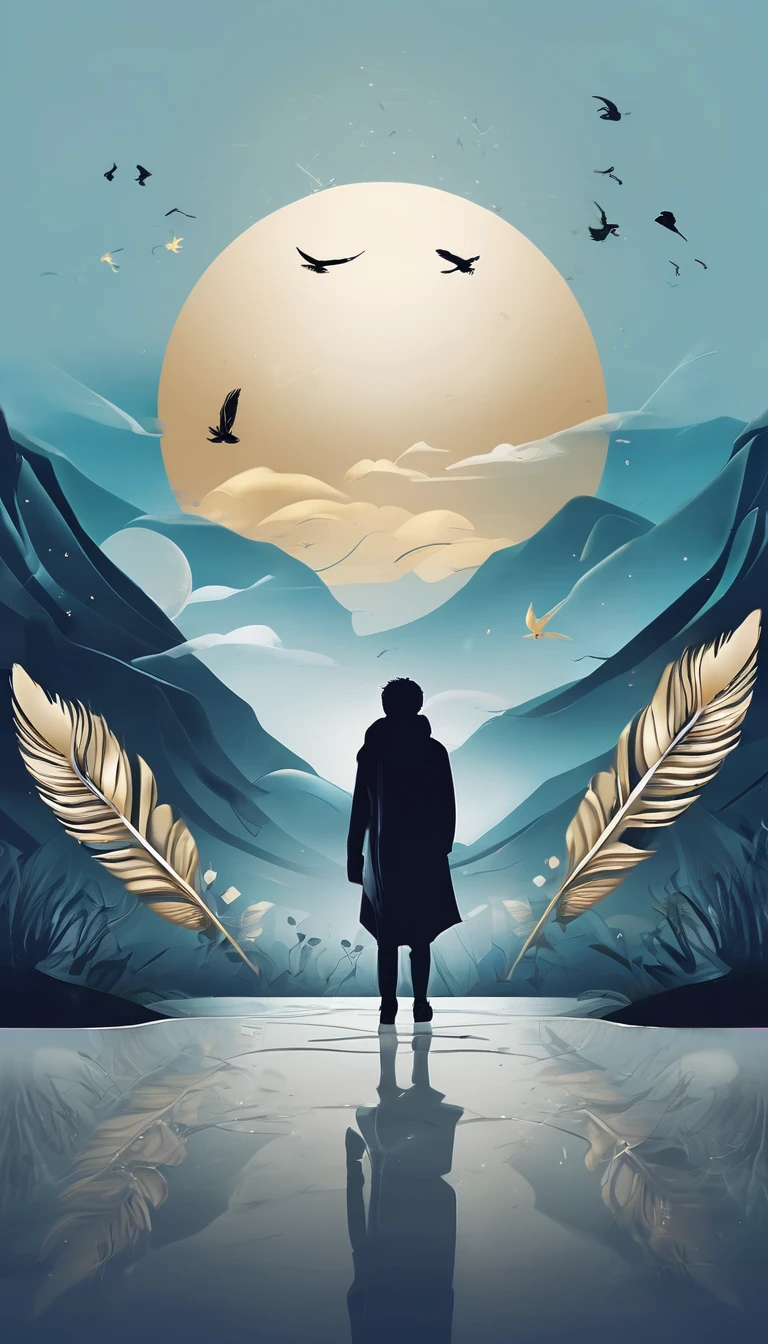 Create a professional, fantastic, cinematic dream-like logo design for a brand about music, stories, fantasy, memories and dreams called " Penamemoria". Masterpiece, 4k, sharp focus, highest quality,wide shot. The title is " Penamemoria". Is a brand about the creative, unique creative journey of a boy and a feather of memories. Minimalistic, simple, poetic, dreamy logo design at the center of the image. The Background image is a world full of feathers, unique birds, light blue sky, soft white and golden. Logo design of a unique, creative, masterpiece feather of memories