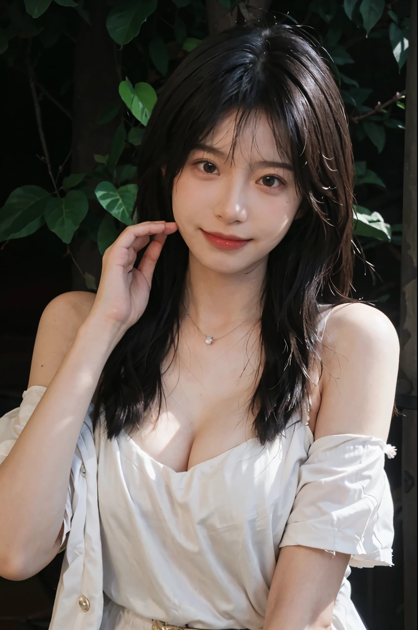 best qualtiy， Ultra-high resolution， （realisticlying：1.4），cute hairpin，Baoyu Girl，European style apartment，（flatchest：1.2） ，A pair of clear and moving peach blossom eyes,Royal Sister，sunshine on face，Big waves，（ln the forest：1.4），（choker necklace：1.2），（Fair skin：1.4），a sense of atmosphere，a beauty girl， ssmile，head straight-looking at viewer， closeup  ，(Photorealistic:1.4),1girll,sexly,(Upper body:1.4),(Wet body),(:1.2)