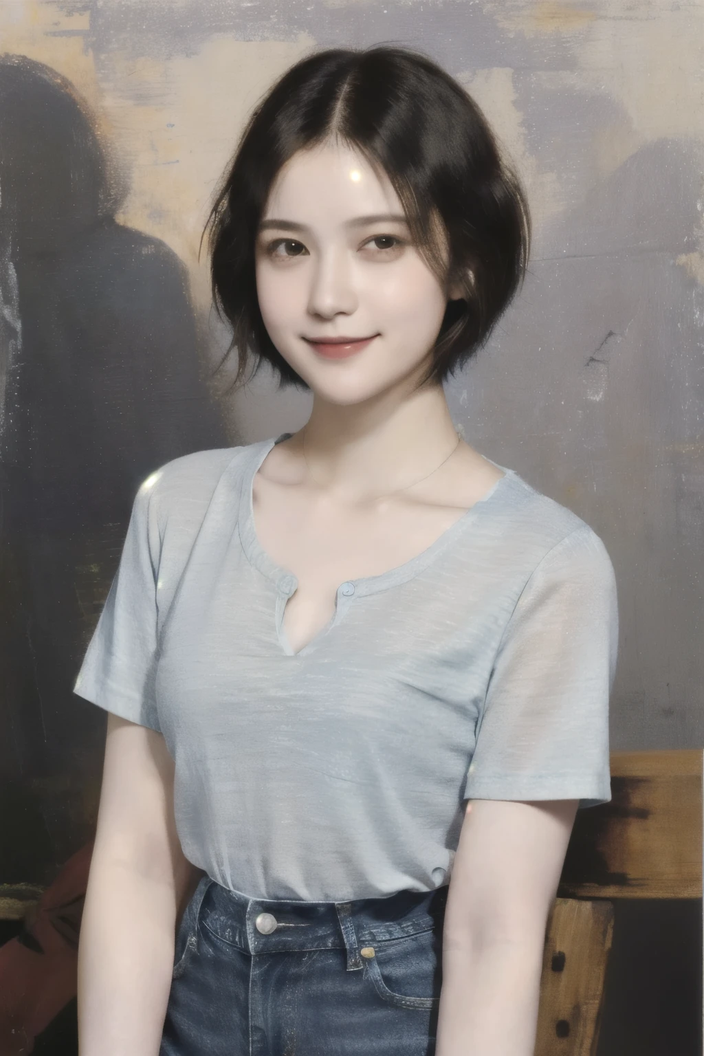 2. 20-year-old female,(short hair:1.46),(chest:1.5),Old-fashioned smile,(Leonardo da Vinci'sＴShirt and jeans)