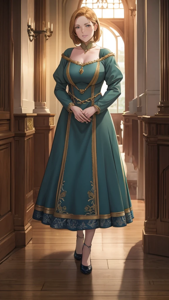 Adult woman, wearing commoner's dress, medieval fantasy, standing, looking straight ahead.