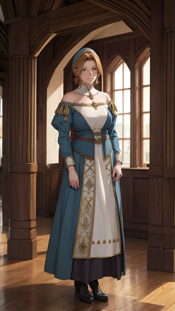 Adult woman, wearing commoner's dress, medieval fantasy, standing, looking straight ahead.