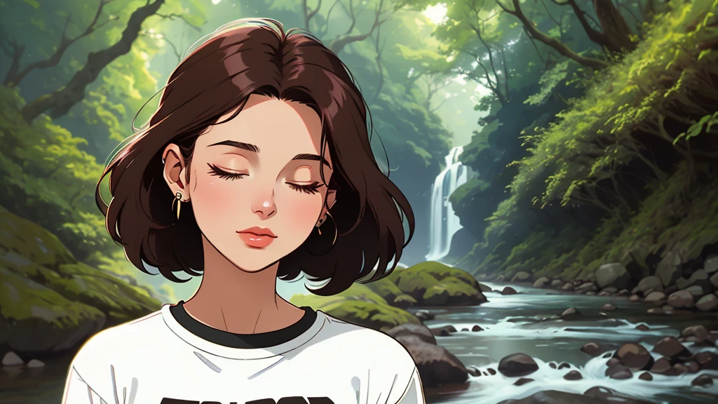 t-shirts fashion, earing, iPhone , LOFI Retro, stylish, 1980s, nature, river, forest, Yakushima forest, morning, beautiful dark brown bob hair woman in her 20s, close your eyes, white skin, upper body