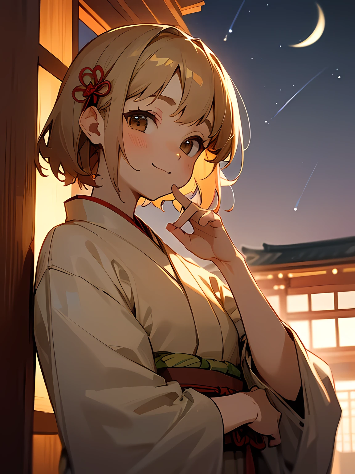 (Looking up at the night sky),close up face:0.6,model pose,solo, upperbody, (beige color medium hair), asymmetrical bangs, long tied sideburns, white Japanese clothes, Japanese-style white mini pants, red obi,smile, red ribbon hair ornament, evening, Japanese shrine, precincts,Cute atmosphere, thinking