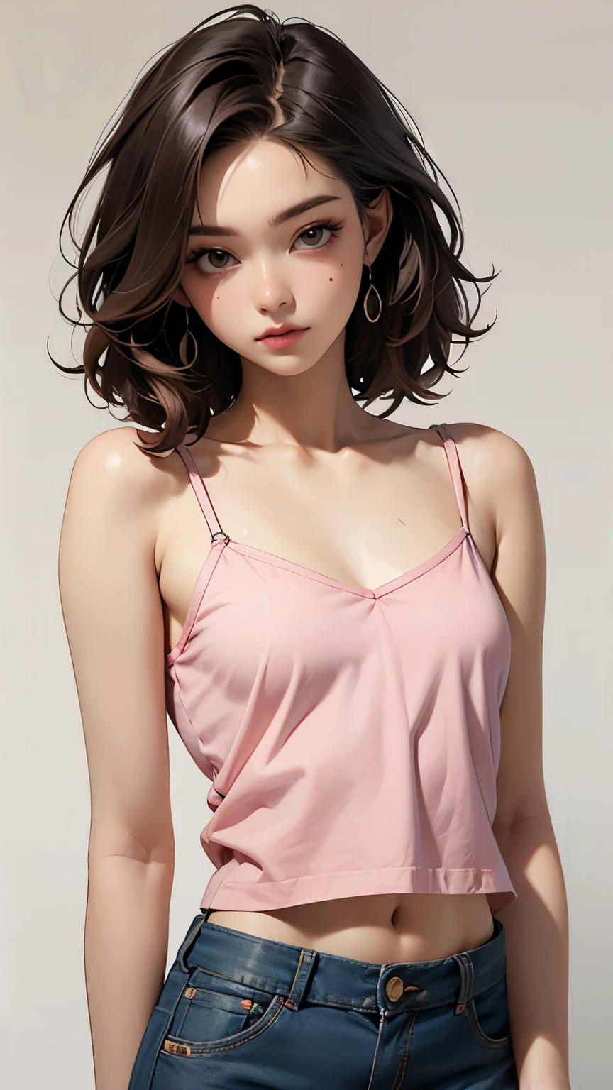 Thin-strap camisole, hot pants, pink thin clothes, slimming look, short curly black hair, detailed eyes, detailed face, detailed skin, sidelong glance, narrow eyes, gentle expression, casual background, mole under eye,