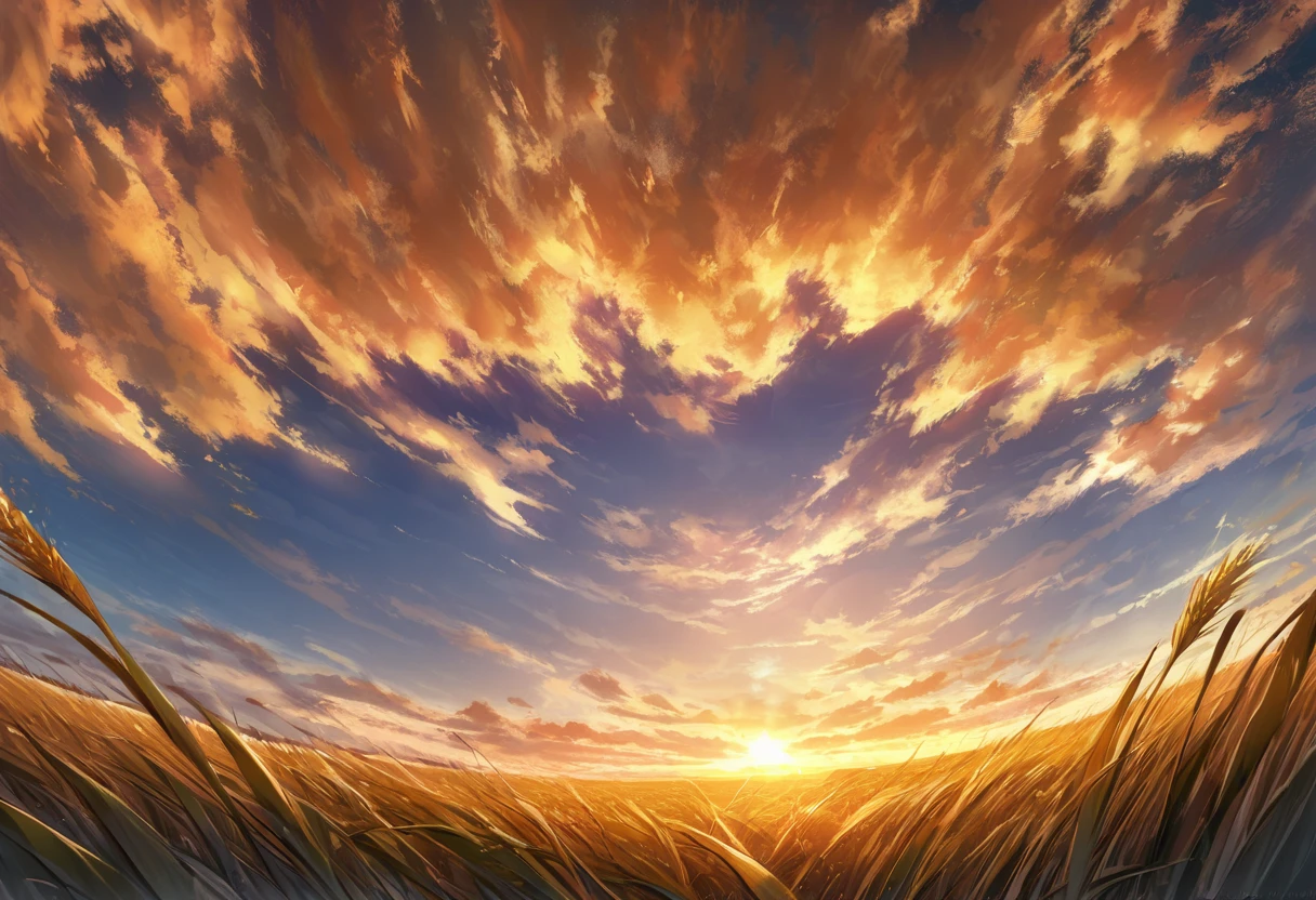 Breathtaking panoramic view of a golden sunset over a vast cornfield. warm, The bright sun casts its last rays in the sky, Paint the clouds in bright orange, pink, Purple and. Corn stalk, Swaying in the evening breeze, Creates fascinating patterns against the sky, The sun converges towards the horizon where it touches the earth. Ultra-wide angle view、Capturing the endless cornfields, The long shadows add depth and contrast to the serene scene.。. This scene, Frozen in time, Awe-inspiring, Tranquility, And the height of natural beauty.