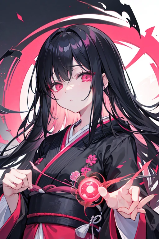 original character , One girl, (Expressionless:1.2) , Black Hair , bangs , emotionless eyes , Red and black color scheme, Close your mouth, (Eyes open wide:1.2), Glowing Eyes, Pink Eyes, Pink Eyes、kimono、Young Girl、witch、Long Hair、Very short、Very young