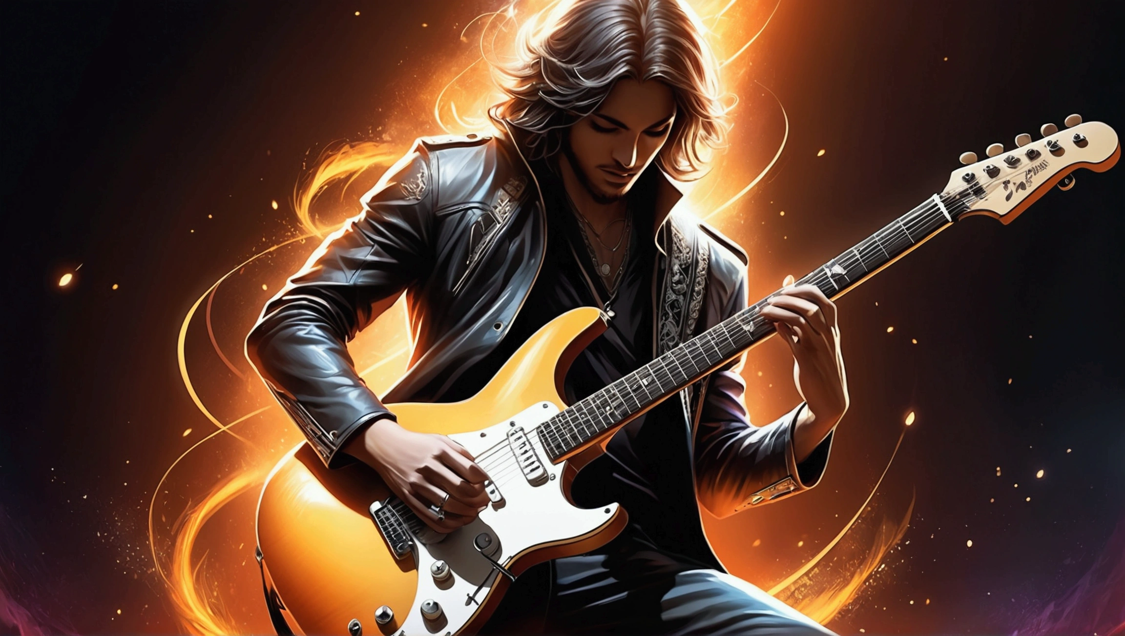 Draw a music festival poster,Playing electric guitar,Musical note elements