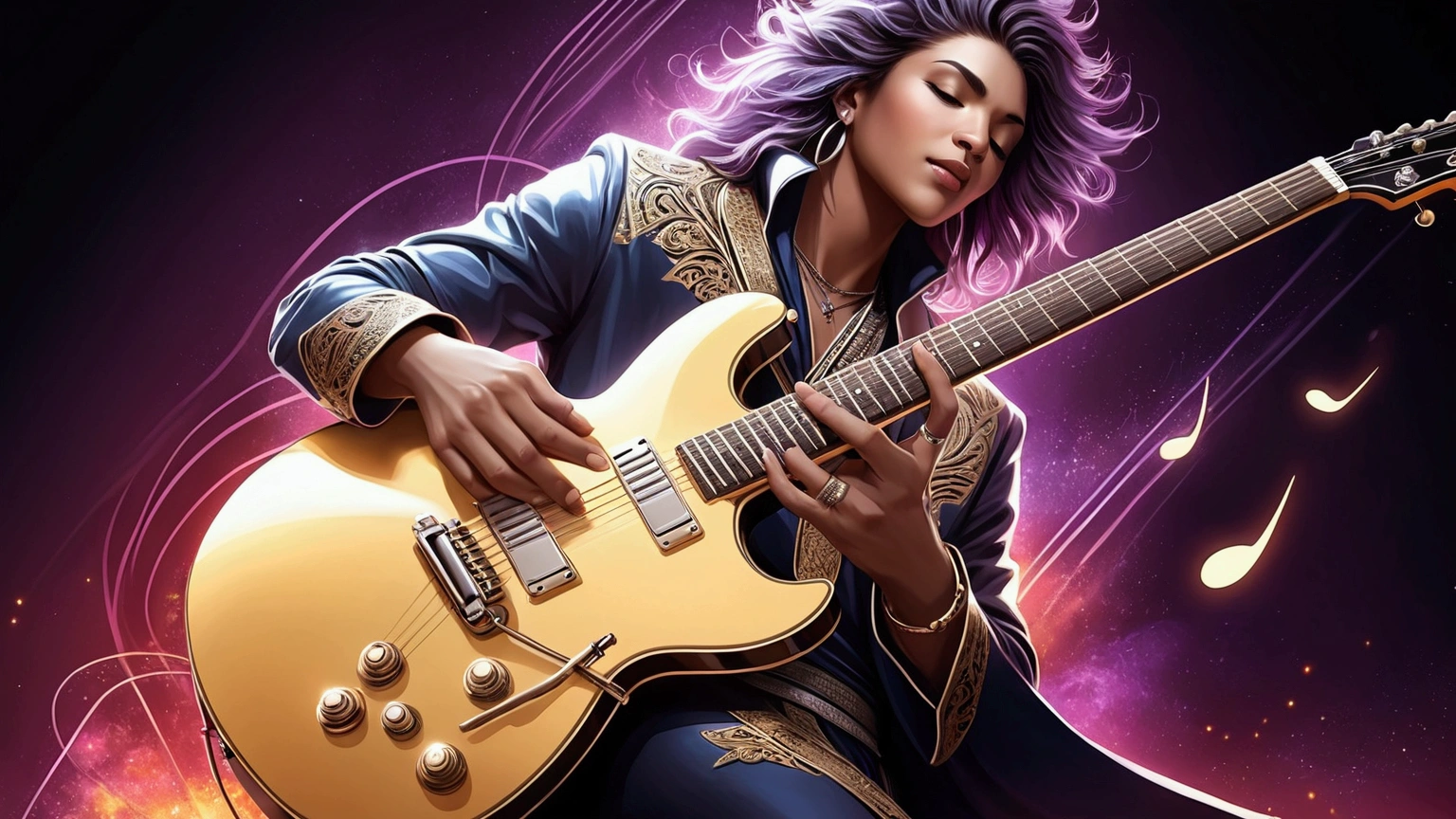 Draw a music festival poster,Playing electric guitar,Musical note elements