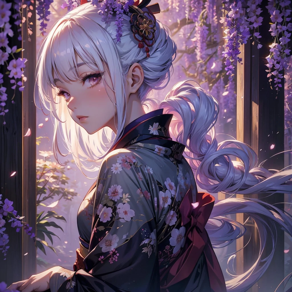 portrait of a beautiful geisha in the wisteria forest, close face, dark night, , (Beautifully Aesthetic:1.2),wisteria, peace, tranquility, serenity, petals, red kimono, white hair