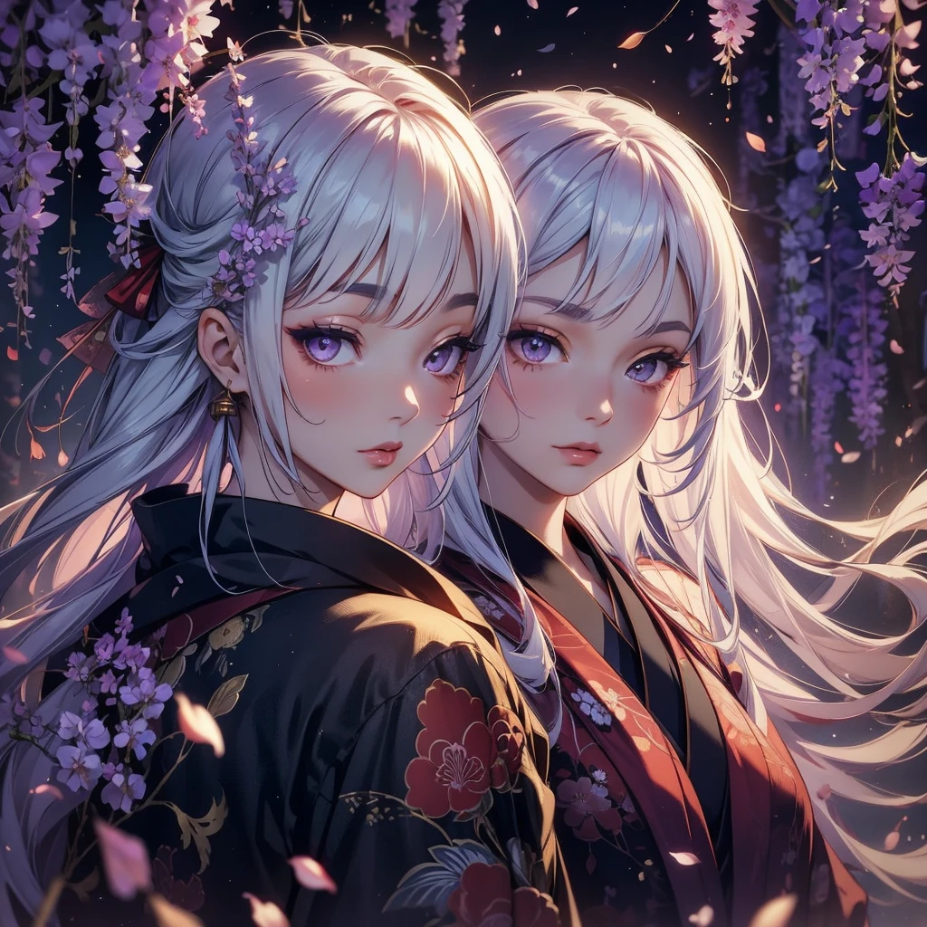 portrait of a beautiful geisha in the wisteria forest, close face, dark night, , (Beautifully Aesthetic:1.2),wisteria, peace, tranquility, serenity, petals, red kimono, white hair