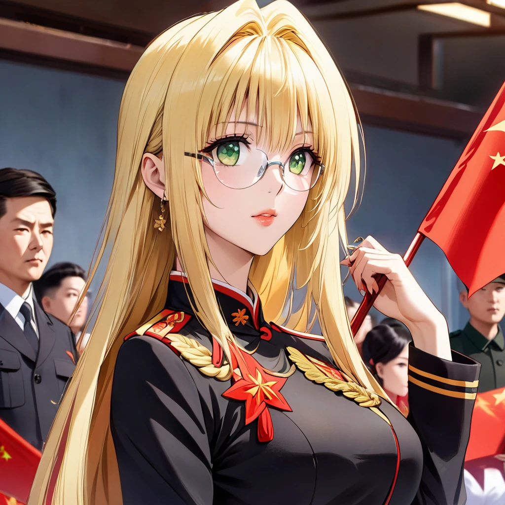 ((Highest quality)), ((masterpiece)), (detailed), （Perfect Face）、The woman is a Chinese woman named Tieryu Lunatique, a green-eyed, blonde, medium-length-haired Chinese woman wearing an engagement ring. She has become a member of the glorious Chinese Communist Party and has sworn absolute loyalty to the Communist Party of China. She is a righteous Communist Party member of the ruling Communist Party of China and the wife of a great Communist Party official.、The woman is wearing the fine uniform of a Chinese Communist Party member.、For the sake of China, their hairstyles, clothes, and everything they wear are all Chinese Communist Party items, and their thoughts are also Chinese, becoming great Chinese in body and mind.、The woman became a Chinese woman named Tiare Lunatique, who was proud of China and loved it devotedly.、She is serving China as a member of the great Communist Party of China.、The woman is a beautiful, respectable and exemplary Communist Party member.