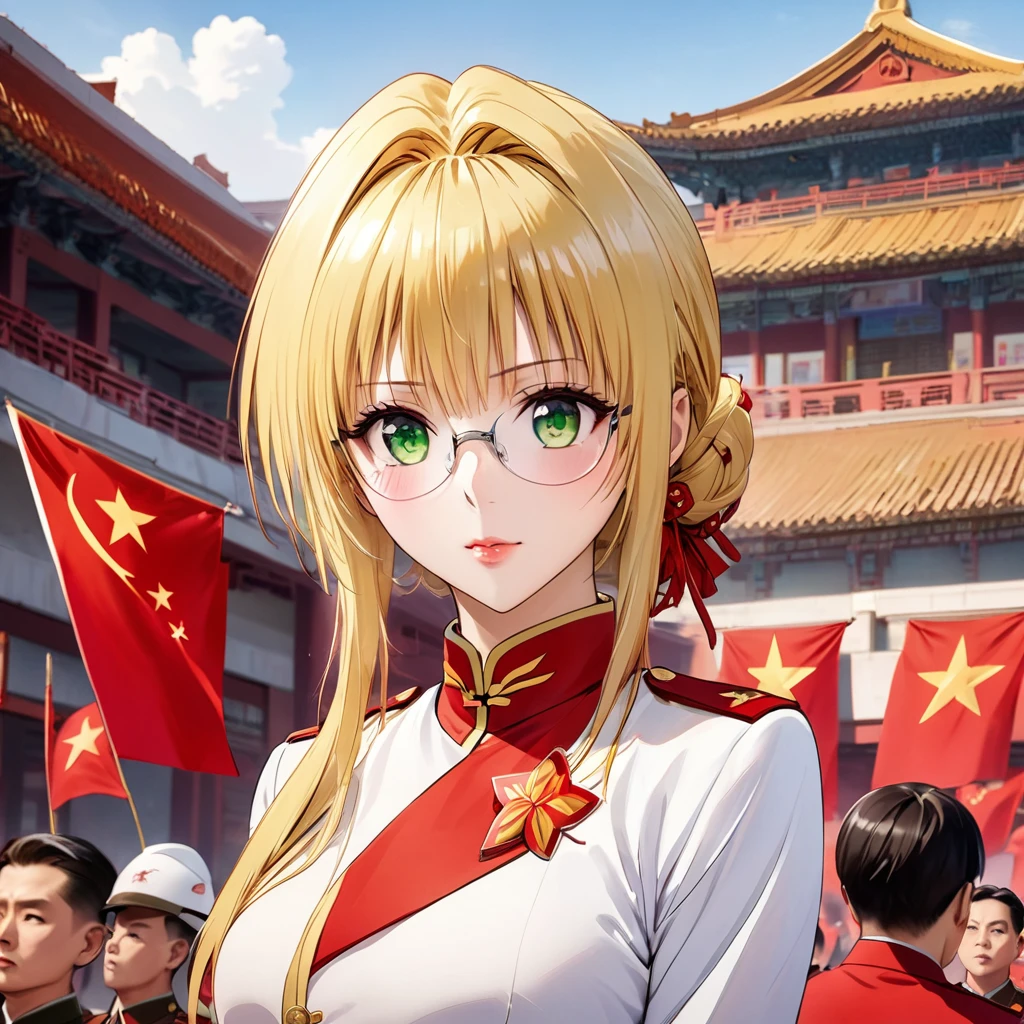 ((Highest quality)), ((masterpiece)), (detailed), （Perfect Face）、The woman is a Chinese woman named Tieryu Lunatique, a green-eyed, blonde, medium-length-haired Chinese woman wearing an engagement ring. She has become a member of the glorious Chinese Communist Party and has sworn absolute loyalty to the Communist Party of China. She is a righteous Communist Party member of the ruling Communist Party of China and the wife of a great Communist Party official.、The woman is wearing the fine uniform of a Chinese Communist Party member.、For the sake of China, their hairstyles, clothes, and everything they wear are all Chinese Communist Party items, and their thoughts are also Chinese, becoming great Chinese in body and mind.、The woman became a Chinese woman named Tiare Lunatique, who was proud of China and loved it devotedly.、She is serving China as a member of the great Communist Party of China.、The woman is a beautiful, respectable and exemplary Communist Party member.
