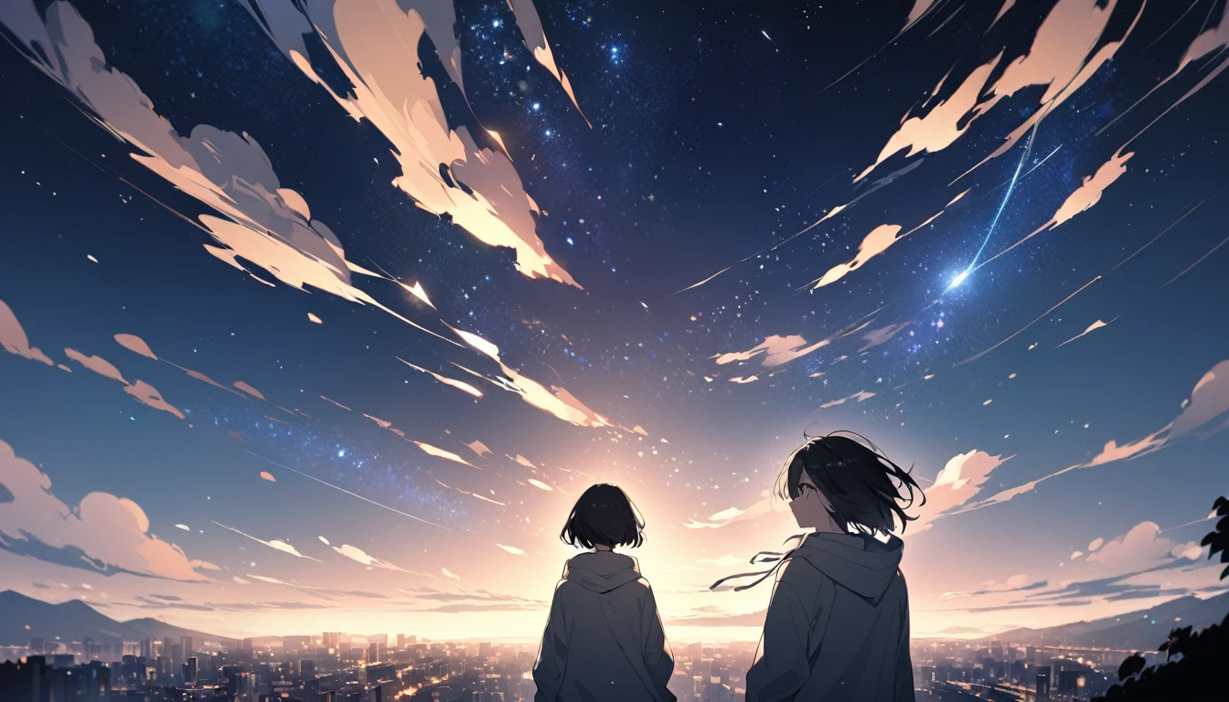 Starry Sky、One woman、Black Hair、Short Hair、Hair blowing in the wind、Wearing a hoodie、Back view、Full body portrait、Overlooking the city from afar