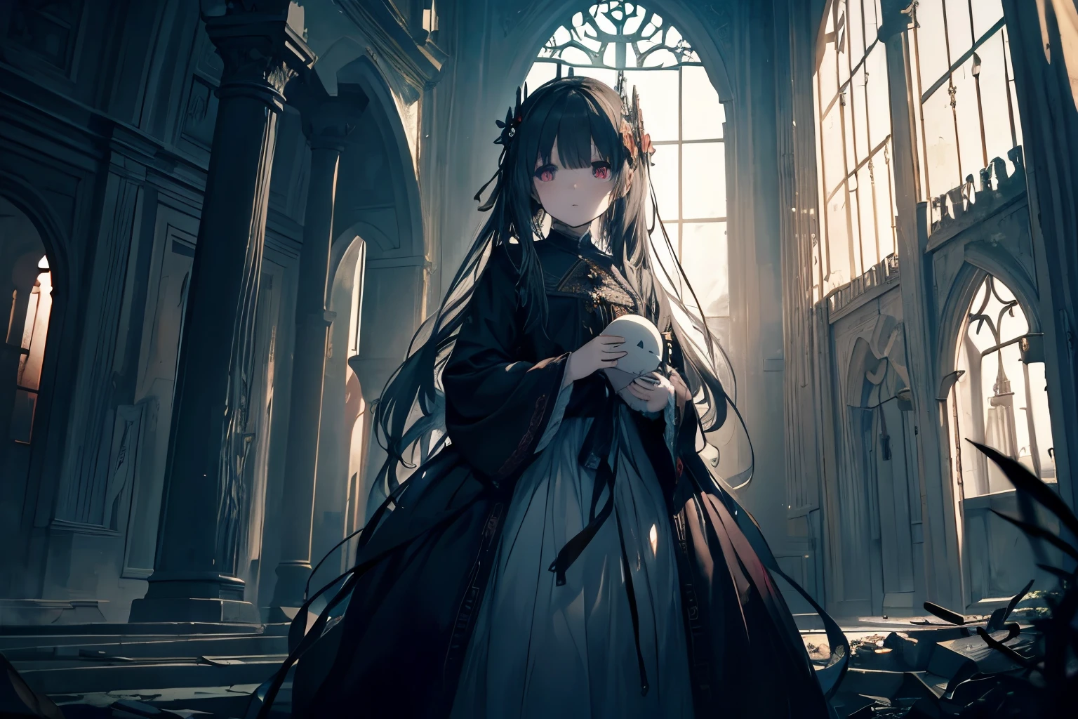 Based on an ancient Russian fairy tale、Gloomy horror illustration with realistic characters in dynamic scenes、A 7--old l is looking at the camera while holding a broken doll、The interior is modeled after a horror Western mansion