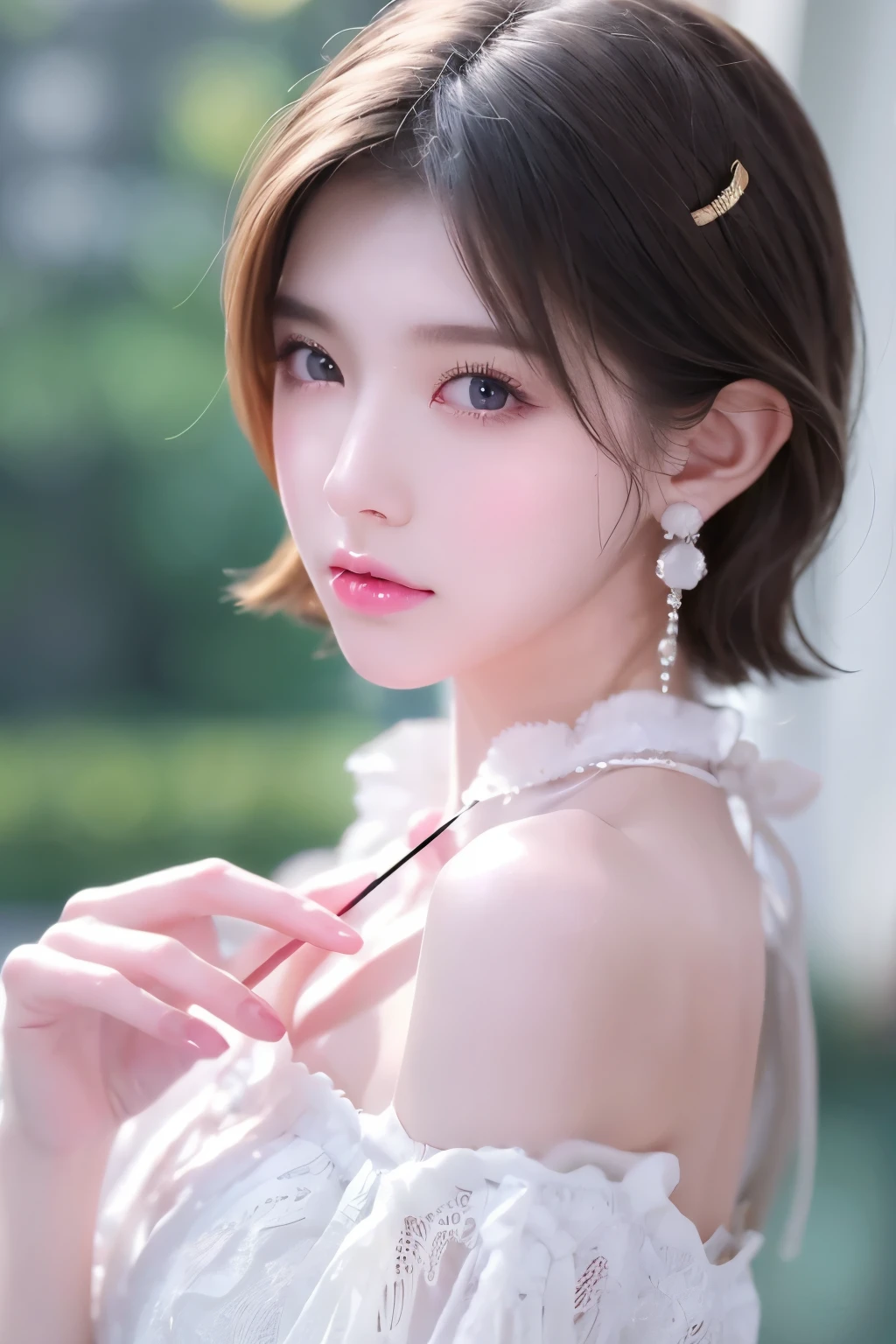 (8k, RAW Photos, Highest quality, masterpiece: 1.2), Super detailed, Super Resolution, (Genuine, Genuine photos: 1.3), Portraiture, High-resolution RAW color photos, Professional photos, とても細かくて美Shii, Very detailed, Amazing details, Large file size, Official Art, beautiful girls,Very detailed目, Very detailed肌, Very elaborate fingers, Very detailed鼻, Very sophisticated mouth, Perfect Anatomy, Detailed Background, Detailed clothing, One Girl, (20:1.2), , Cute girl, Realistic body,White skin, Glowing Skin, The body is slim, like々Shii, かわいらShii顔, Realistic Face, (short hair), Earrings, Dynamic Lighting,Very small and plump breasts、Sitting