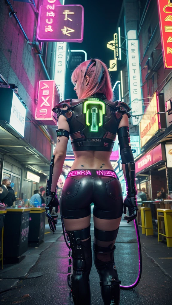 (Tabletop, Highest quality, Highest quality, Official Art, beautifully、aesthetic:1.2),(One Girl:1.4),whole body,([pink|green] hair:1.5),Very detailed,(Fractal Art:1.3),(colorful:1.5),Best details,(Mechanical transformation:1.3),(Fixed:1.2),Otome,(A complex mechanical conduit is inserted into his back.:1.5),catheter,(Neon Background:1.4),(Neon City:1.75),night,Large Breasts,(Gothic_ta:1.2),High heels,(:0.75),compensate,blush,(cyber punk:1.4),((View your viewers:1.3)),((Recall)),Sofia Boutella, Brunette, Sunburn, huge , Nikon d850 film stock photos 4 kodak portra 400 camera f1.6 Lenses、Rich colors、Ultra-realistic and realistic texture、Dramatic lighting、UnrealEngine、Trending on Artstation、cinestill 800,