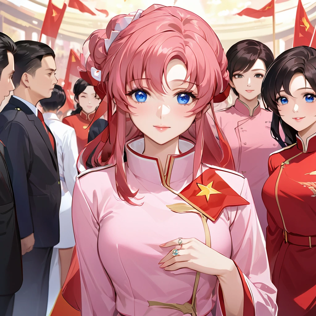 ((Highest quality)), ((masterpiece)), (detailed), (Perfect Face)、The woman is a Chinese Lacus Clyne, a Chinese woman with blue eyes and medium-long pink hair who is wearing an engagement ring. She has become a member of the glorious Chinese Communist Party and has sworn absolute loyalty to the party. She is a righteous Communist Party member of the ruling China and the wife of a great Communist Party official.、The woman is wearing the fine uniform of a Chinese Communist Party member.、For the sake of China, their hairstyles, clothes, and everything they wear are all Chinese Communist Party items, and their thoughts are also Chinese, becoming great Chinese in body and mind.、The woman became Lacus Clyne, a Chinese woman who was proud of and loved China.、She is serving China as a member of the great Communist Party of China.、The woman is a beautiful, respectable and exemplary Communist Party member.