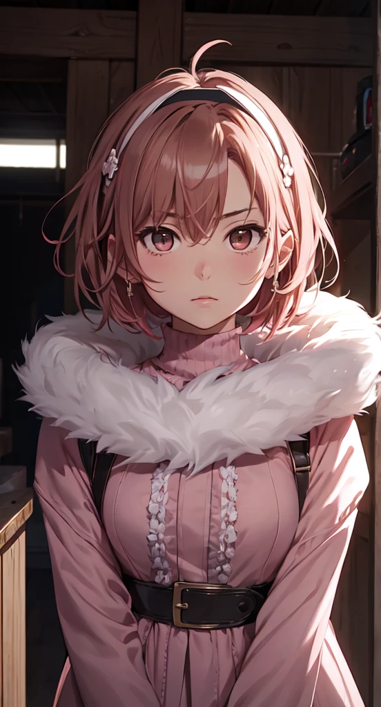(Misaka Mikoto) masterpiece), best quality, high resolution 1girl bob cut medium hair standing alone cowl headband on forehead profile image looking at viewer beautiful eyes beautiful face extremely detailed pink clothing girly kyoukai