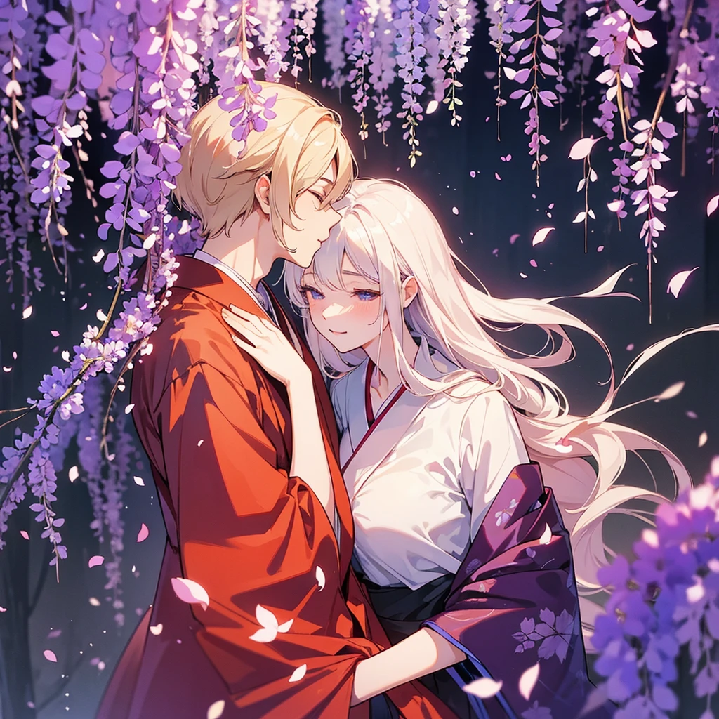 a man is kissing a woman in the wisteria forest,  dark night, , (Beautifully Aesthetic:1.2),wisteria, peace, tranquility, serenity, petals, red kimono