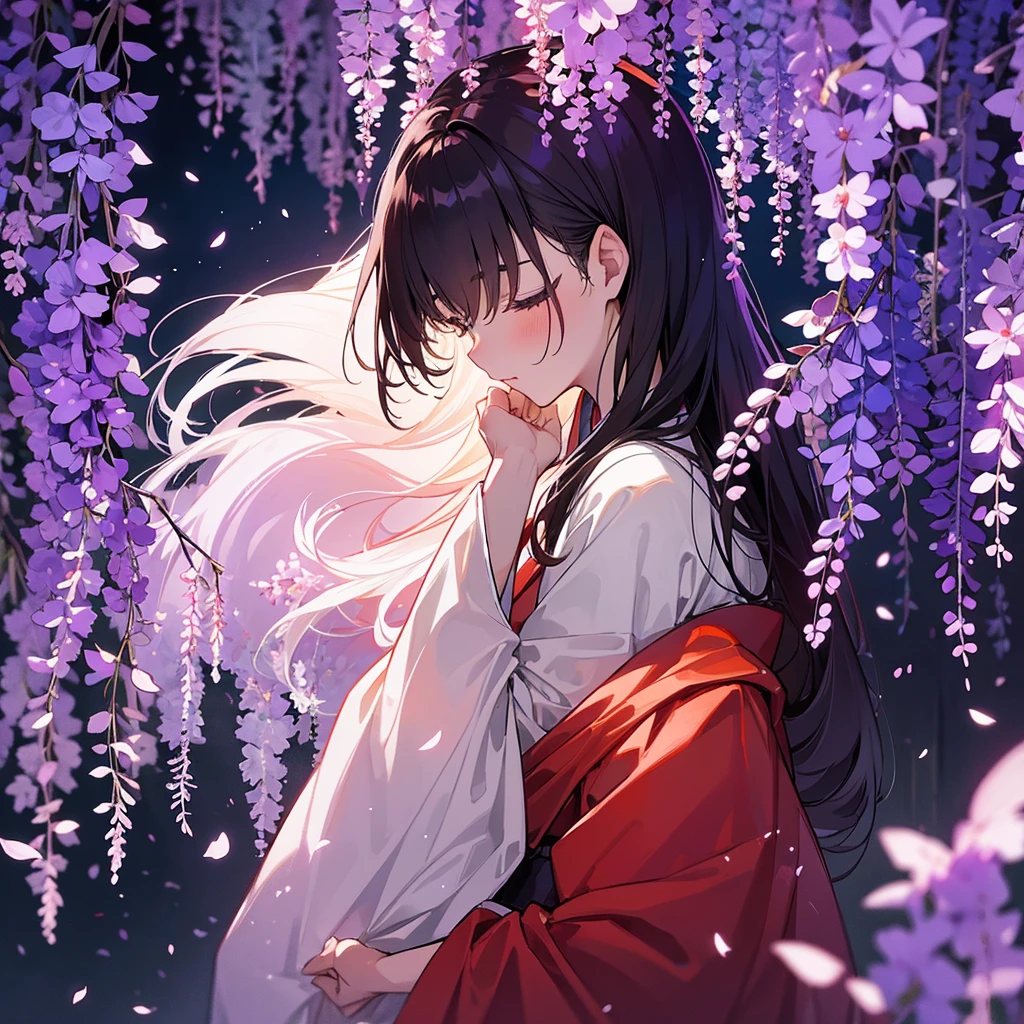 a man is kissing a woman in the wisteria forest, dark night, , (Beautifully Aesthetic:1.2),wisteria, peace, tranquility, serenity, petals, red kimono