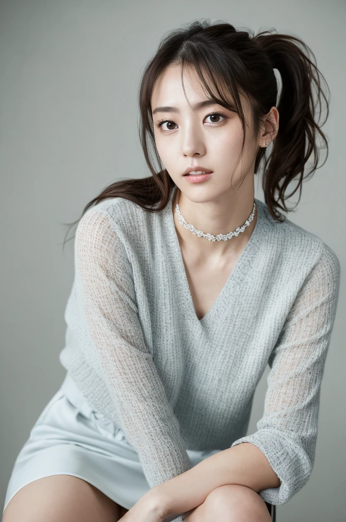 You are a professional photographer。Highest quality, masterpiece, Ultra-high resolution, (Realistic), Sit down and spread your legs、RAW Photos, Japanese Idols、Bob Hair、Whole Body Ezbian、choker、Highly detailed face and skin texture, Delicate eyes, double eyelid