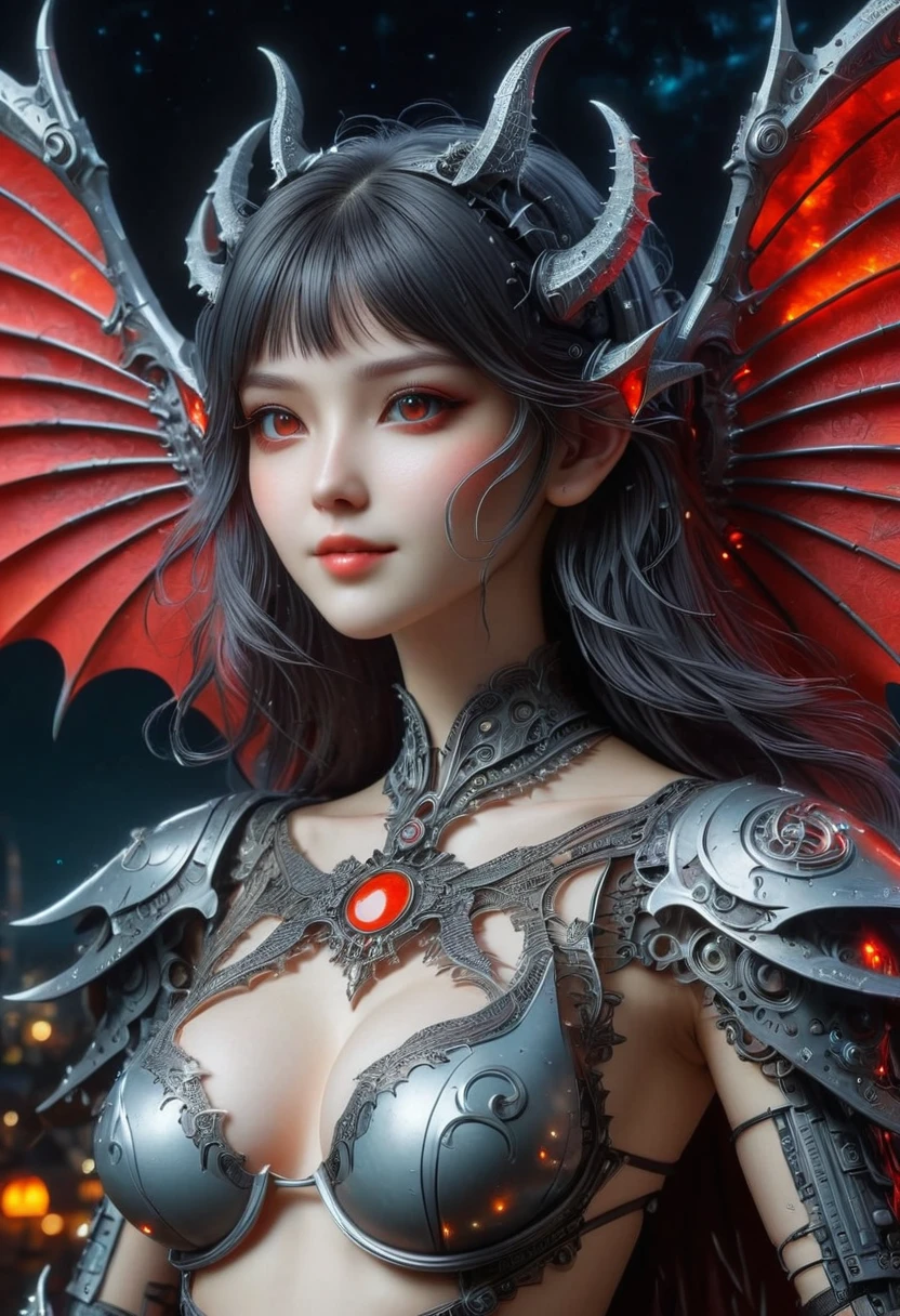 High quality，Best quality，Reality，Super realistic，Super detailed，masterpiece，high resolution，8k，Very real，Hellbringers，Red Eye，Crescent Moon，Hamburger，pumpkin，Close-up of a bat，一名持剑的女孩与vampire，Black cape，Bikini，Glitch Punk Girl，Pale milky porcelain skin，vampire，Smooth and transparent white skin，Thin legs，Small waist，Small buttocks，Broad shoulders，Beautiful clavicle，超Reality主义， Busty naked breasts，Upper body，穿着Bikini，Tattoo，Red eyes，Gothic art style，((Bat Wings))，史诗奇幻number艺术风格，贵族优雅的vampire女孩，Dan Mumford，Tom Bagshaw，Dark fantasy art，Epic fantasy art style，Dark fantasy art style，Epic fantasy art style高清，黑暗幻想number艺术，"Artistic image type：{ perched on top of cybernetics dragons, vampire少女调查下面广袤的网络大都会。Infused with neon lights，Revealing her technologically enhanced body，Embedded LEDs and retractable tech arms shine。She strikes a striking pose，Seems ready for action，A fusion of ancient legends and future visions}，Perfect location，City view，(Vivid neon lights：1.5)，(number：1.25)，(4K：1.2). environment：City Panorama，Bats flying over the skyline，(whole body:1.8), magazine photography，A cute girl image，Popular on social platforms，((Dopamineism))，(((Dopamine color matching)))，Dopamine，(in the style of Y2K)，Luo Erchun，Three-dimensional ancient style，Oriental poetry and painting