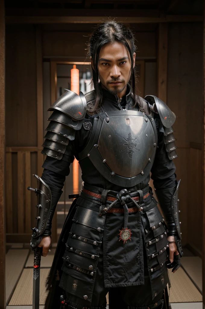 I am in a black suit holding a sword and a sword, cyborg samurai, cyber japan samurai armor, cyberpunk samurai, very beautiful cyberpunk samurai, full samurai armor spiderman, bio - mechanical ninja samurai, portrait of a cyberpunk samurai, cyber japan style armor, cyber japan armor, celtic and cyberpunk armor, black bull samurai, intricate assasin mecha armor