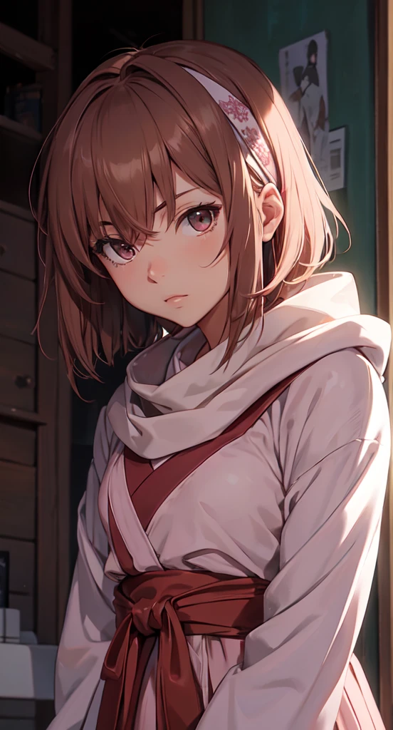 (Misaka Mikoto) masterpiece), best quality, high resolution  1girl bob cut medium hair standing alone cowl headband on forehead profile image looking at viewer beautiful eyes beautiful face  extremely detailed pink clothing girly kyoukai