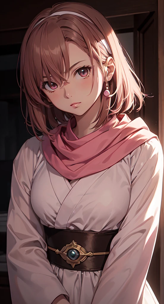 (Misaka Mikoto) masterpiece), best quality, high resolution 1girl bob cut medium hair standing alone cowl headband on forehead profile image looking at viewer beautiful eyes beautiful face extremely detailed pink clothing girly kyoukai