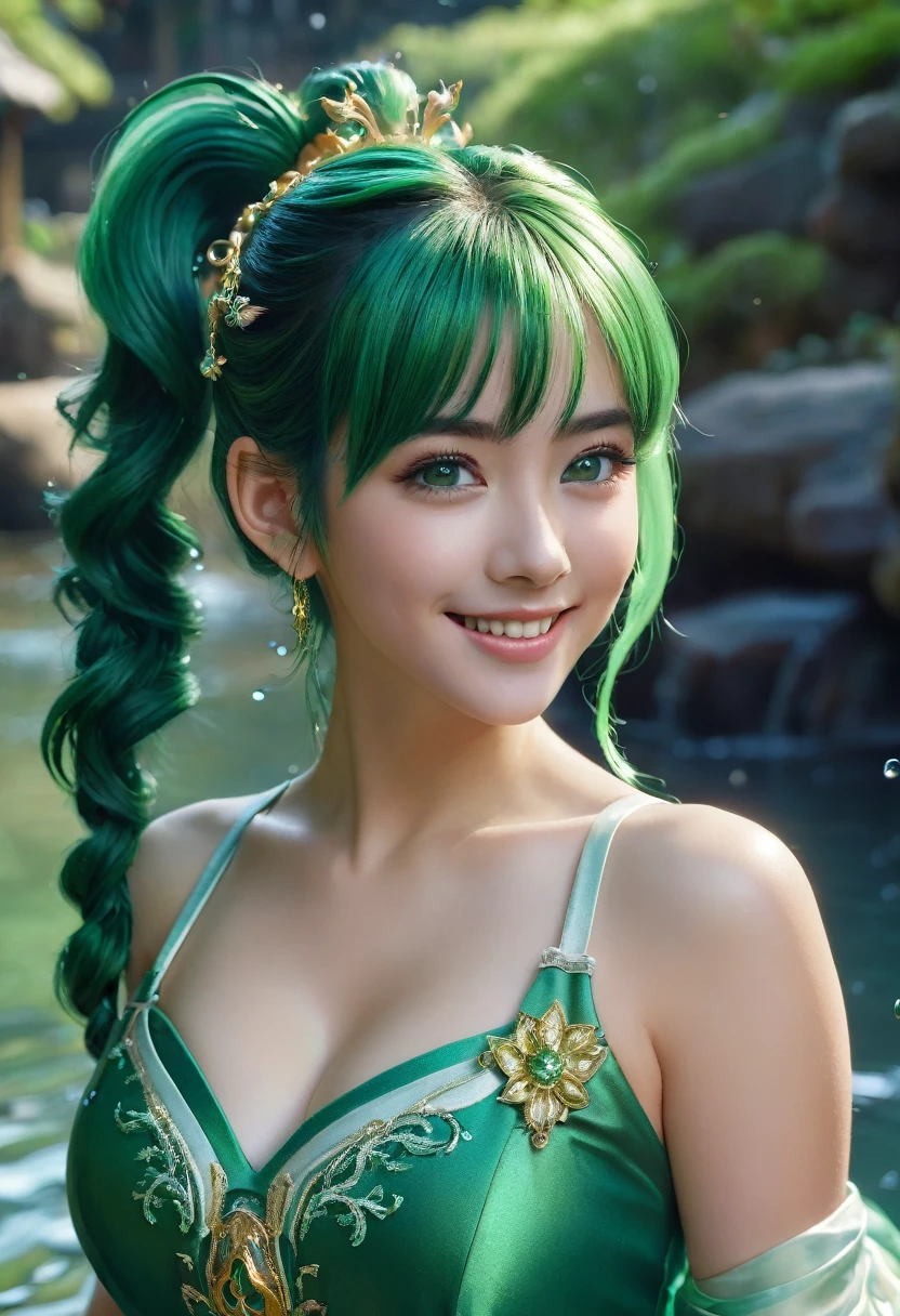 1 girl, One, hair ornament, green hair, ponytail, long hair, dress, water,, medium shot portrait photography (Faruzan) from the effects of genshin,, dark fantasy background, charming grinning., Greg Rutkowski and Walt Disney ultra-realistic highly detailed complex photorealistic analog style photography sharp focus on the eyes, cinematic lighting,, , ,uhd, HDR, 8 K