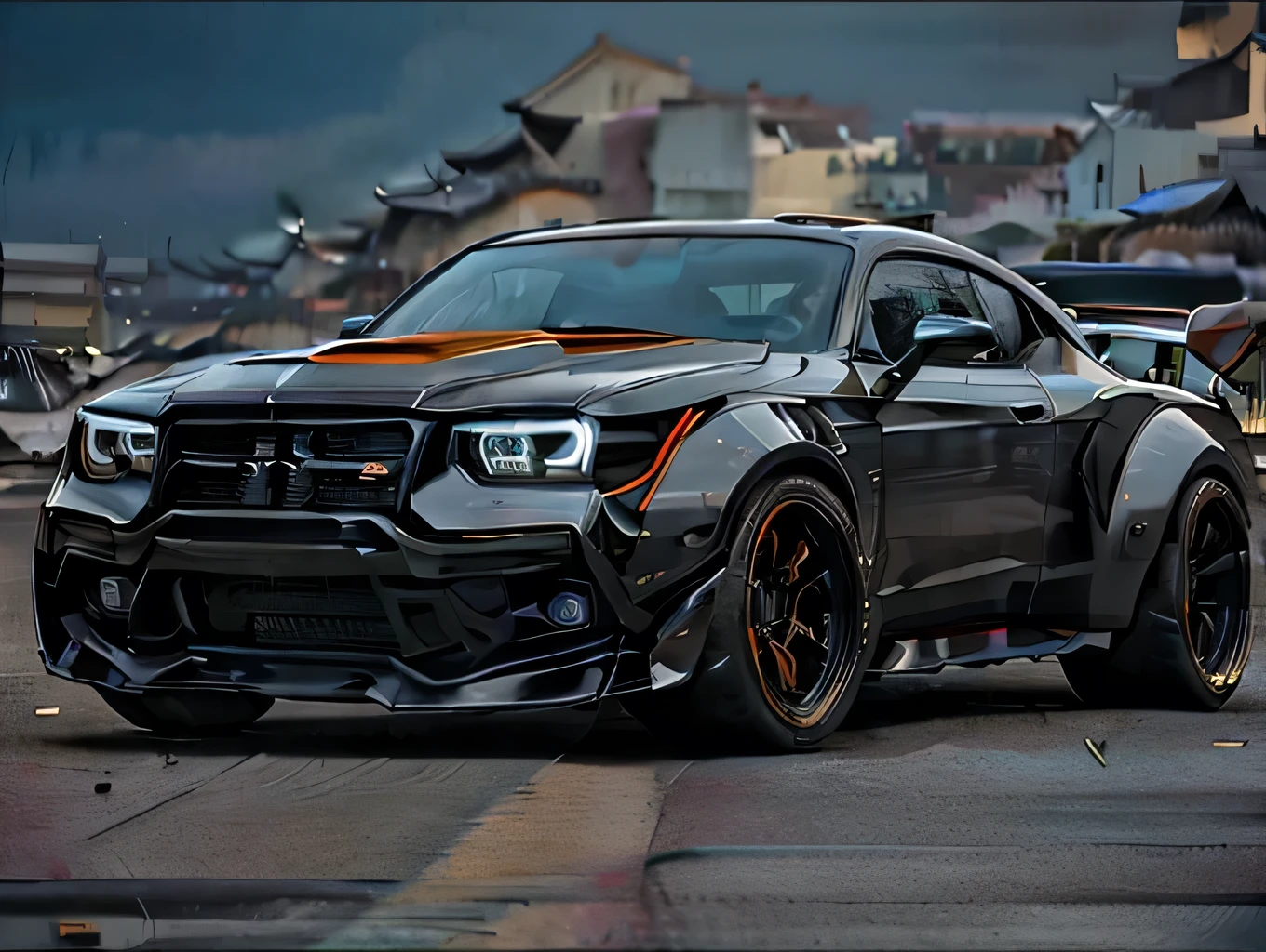 a close up of a black and orange truck on a gray background, trending on vehicle design, car concept, concept car design, concept car, the ugliest car in the world, modern car design, car design, car concept art, concept style, vehicle design, concept design, concept automobile design, futuristic design, realistic concept, vehicle concept photo!!, futuristic product car shot, combine dodge srt 10 pickup, chevy gto and gmc cyclone, large hood scoop, 4 door, aggressive tires, bright orange paint