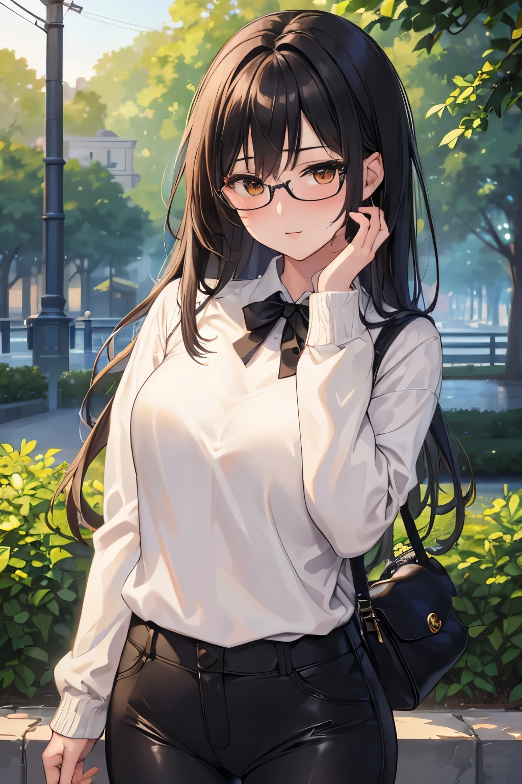 (8K, RAW photography, Best Quality, masterpiece: 1.2), high-definition RAW color photography, Professional Photography, Cinematic Light, (animesque:1.2), (Attractive woman), ((messy black hair, brown eyes)), ((wears glasses, black eyeliner under her eyes, more or less mulberry)), (White blouse), ((wears her sweater and black pants)), (Background in the park), Detailed background, Realistic, Anime style, Highly detailed, Photography, masterpiece, hight quality, hight resolution, Professional Lighting.