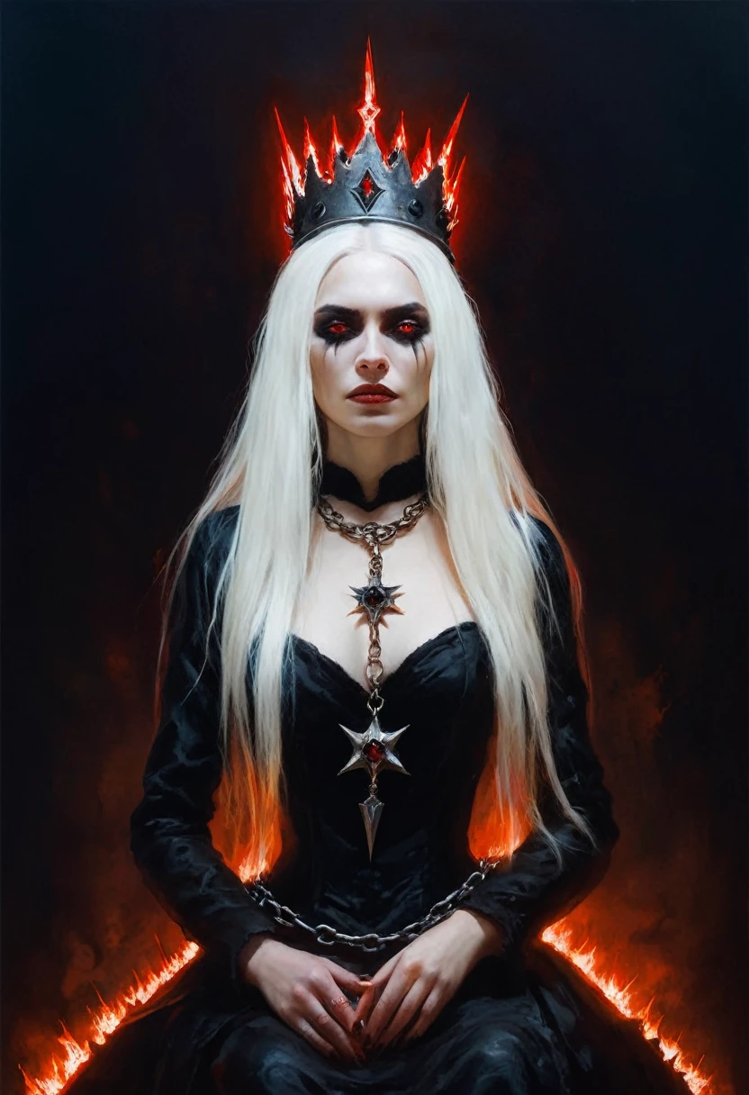 painting of a not emotional and cold Undead queen, spiked crown of hellfire, glowing red eyes, ((long white hair)), ((full length)), hyper-realistic, by Brom: Ultra-detailed of a corpse-pale queen. Elaborate crown of blackened metal spikes, each tip flickering with hellfire. Eyes blaze with intense red light, pupils like dying stars. Skin texture meticulously rendered, showing decay and otherworldly preservation. holds chains, metal collar in hands, Dark, tattered royal garments with intricate, shadowy patterns. Background of smoldering brimstone and distant, tortured souls. Brom's signature style of gothic horror mixed with dark fantasy elements.(intricate details), cinematic, professional, 4k, (((dynamic model pose))), sitting, full body, mesmerizing, dynamic, dramatic, dynamic pose,, cinematic scene, volumetric lights, ultra realistic, in the style of nicola samori