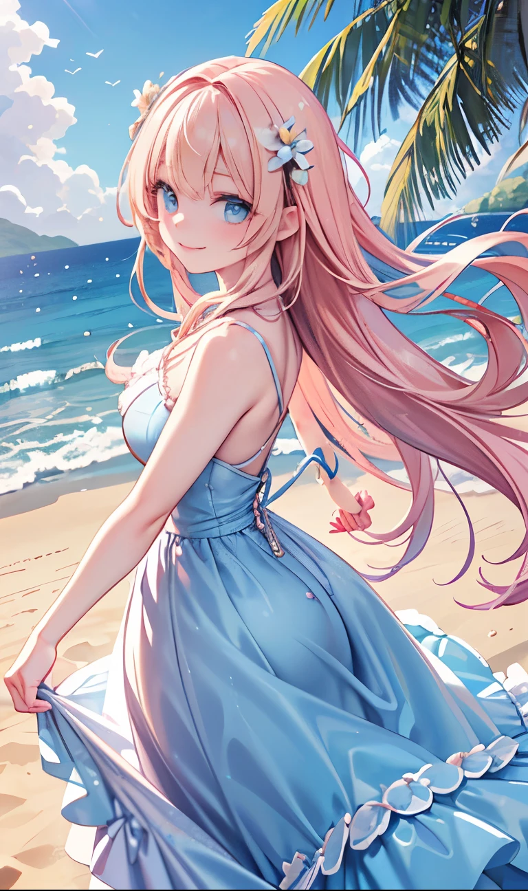 Delicate and beautiful CG art),(Highest quality, Very detailed, High resolution),(Dynamic Angle, Dynamic Lighting),(One character),(Long pink and blonde hair), blue eyes, Beautiful Face), 1 girl, (Long sideburns, plant, smile, Blue long dress, 3d, Ocean, water, Beach ball, shell, sunny, the wind is strong