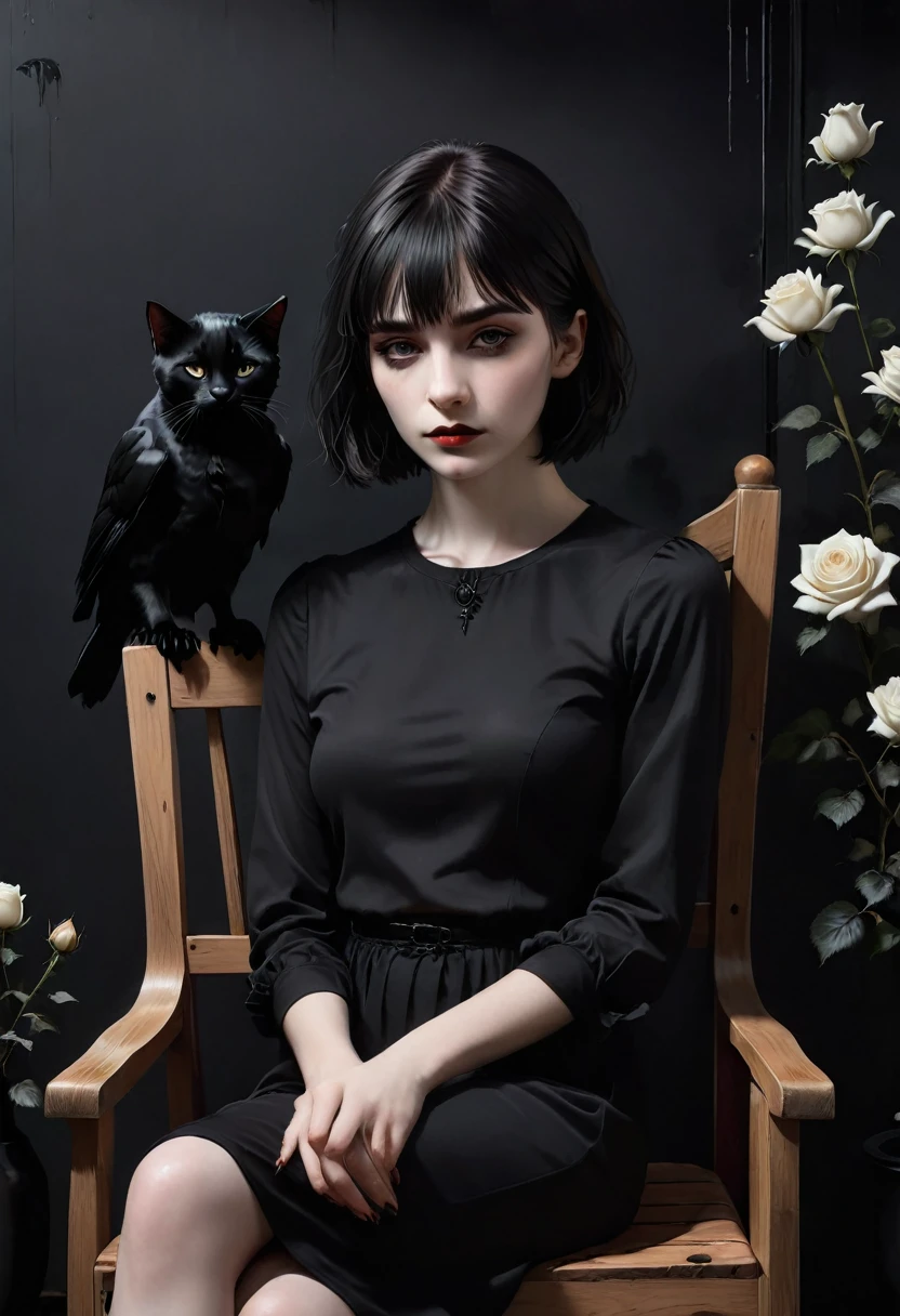 Dark,look close corner face camera , hold Crow, a woman sofia Steinberg face,short hair with bangs, pale white skinned ,wearing Black shirt blackmetal, pose sit in Wooden chairs, Petting a cat,room blackmetal, look above camera , in room blackmetal style steinberg model blackmetal , sad depression funiture skulls swords, flowers black Roses ,poster ,stickerband, mortuary ,blackmetal background, digital painting, highly detailed, 3D animation, black roses, black cats,Candles.