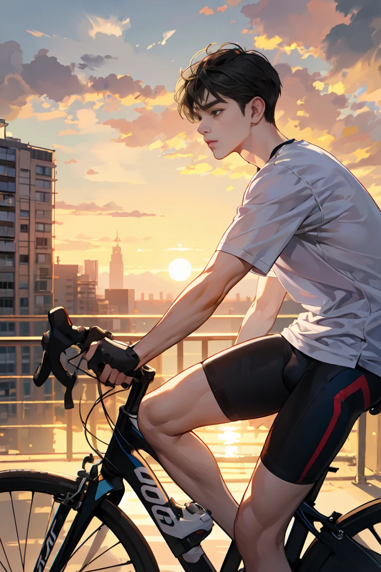 (absurd, very detailed, realistic, ), 1 Boy,mature, alone, black short hair, white t shirt,brown eyes,(solo)Cyclists passing by on a busy city road looking at the sunset with their hair flying, Ultra-detailed, best quality, detailed diagram, 8k, graphic design, full hd,