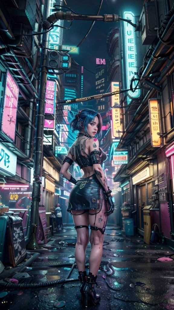 (tabletop, best quality, highest quality, official art, beautiful, aesthetic:1.2),(one girl:1.4),full body,([pink|blue] hair:1.5),highly detailed,(fractal art:1.3),(colorful:1.5),best detail,(mechanical modification:1.3),(modified:1.2),maiden,(complex mechanical conduit inserted in back:1.5),catheter,(neon background:1.4),(neon city:1.75),night,big breasts,(gothic_lolita:1.2),high heels,(:0.75),make up,blush,(cyberpunk:1.4),((looking at viewer:1.3)),((thinking back)),Sofia Boutella, brunette, tan, huge , Nikon D850 film stock photos with 4 Kodak Portra 400 cameras F1.6 1 Lens, Rich Colors, Ultra-Realistic Textures, Dramatic Lighting, UnrealEngine, Trending on Artstation, Cinestill 800,