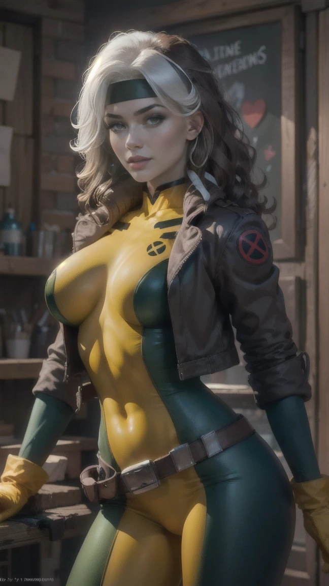 (best quality, masterpiece, colorful, dynamic angle, highest detailed)
CARTOON_X_MENs_Rogue,ownwaifu,
long hair,breasts,brown hair,green eyes,lipstick,makeup,lips,white hair,two-tone hair,headband,wavy hair,large breasts,messy hair,curly hair,big_hair, 
yellow bodysuit,jacket,gloves,belt,yellow gloves,green bodysuit,bodysuit,multicolored bodysuit,superhero, skin tight,multicolored clothes, 
 (high resolution textures),  (intricate details, hyperdetailed:1.15), detailed, (official art, extreme detailed, highest detailed),