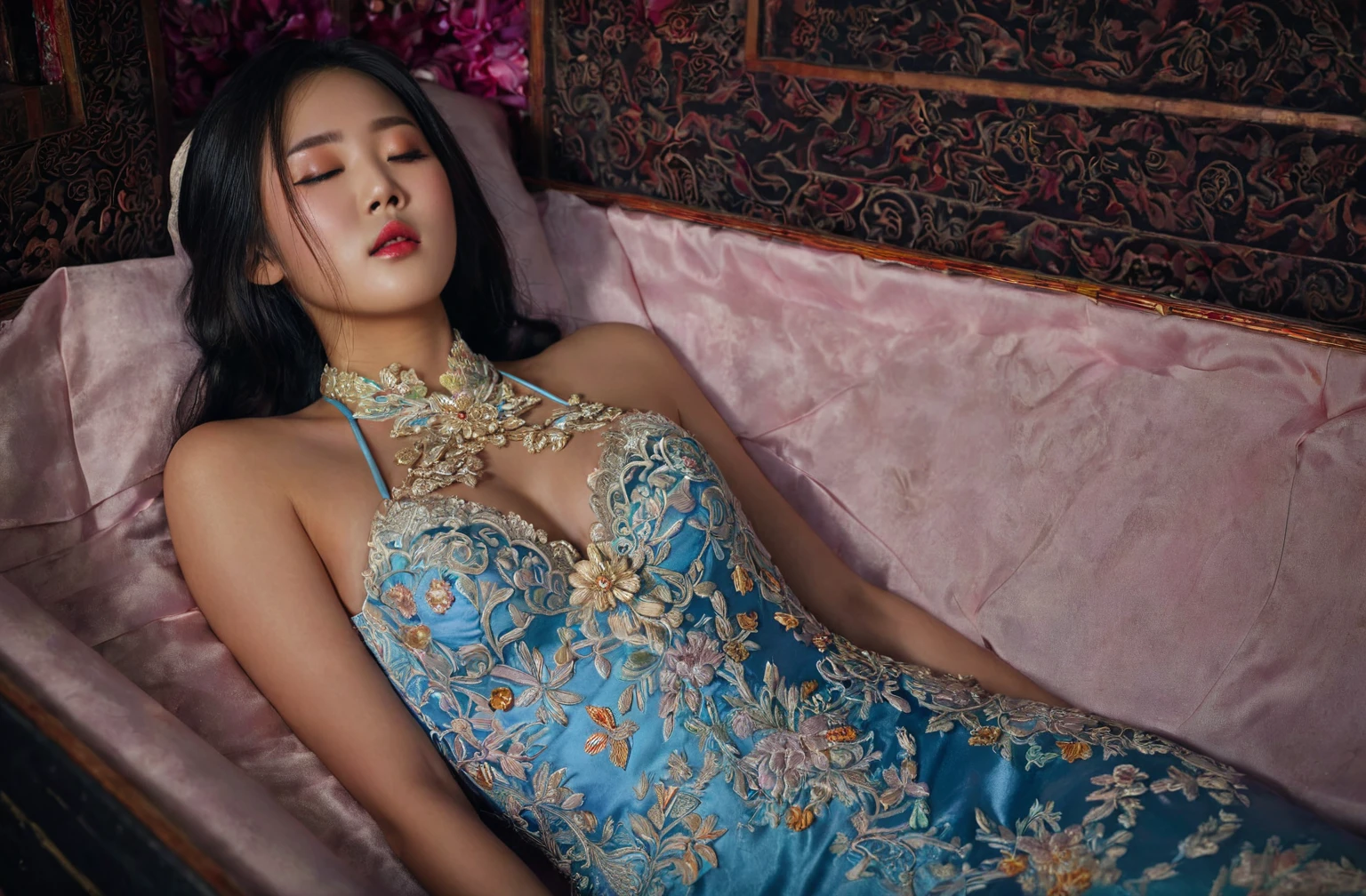 In a striking 8K HDR scene, a stunning Korean woman, 22 years old, lies peacefully in a black coffin surrounded by plush pillows. The deep box is set against a rich black background, accentuating the beauty of the subject. Her exquisite deep-V neckline kebaya attire is embroidered with superb detail, showcasing her round and firm breasts, perfect cleavage, and beautiful eyebrows. Her closed eyes and mouth give an air of serenity, while her visible and absolute cleavage leave nothing to imagination. The scene is bathed in saturated colors, highlighting every intricate aspect from the ball skirt to her clean face, straight body, detailed hand perfect hands, straight body, holding the flowers, straight legs, detailed fingers, detailed hand