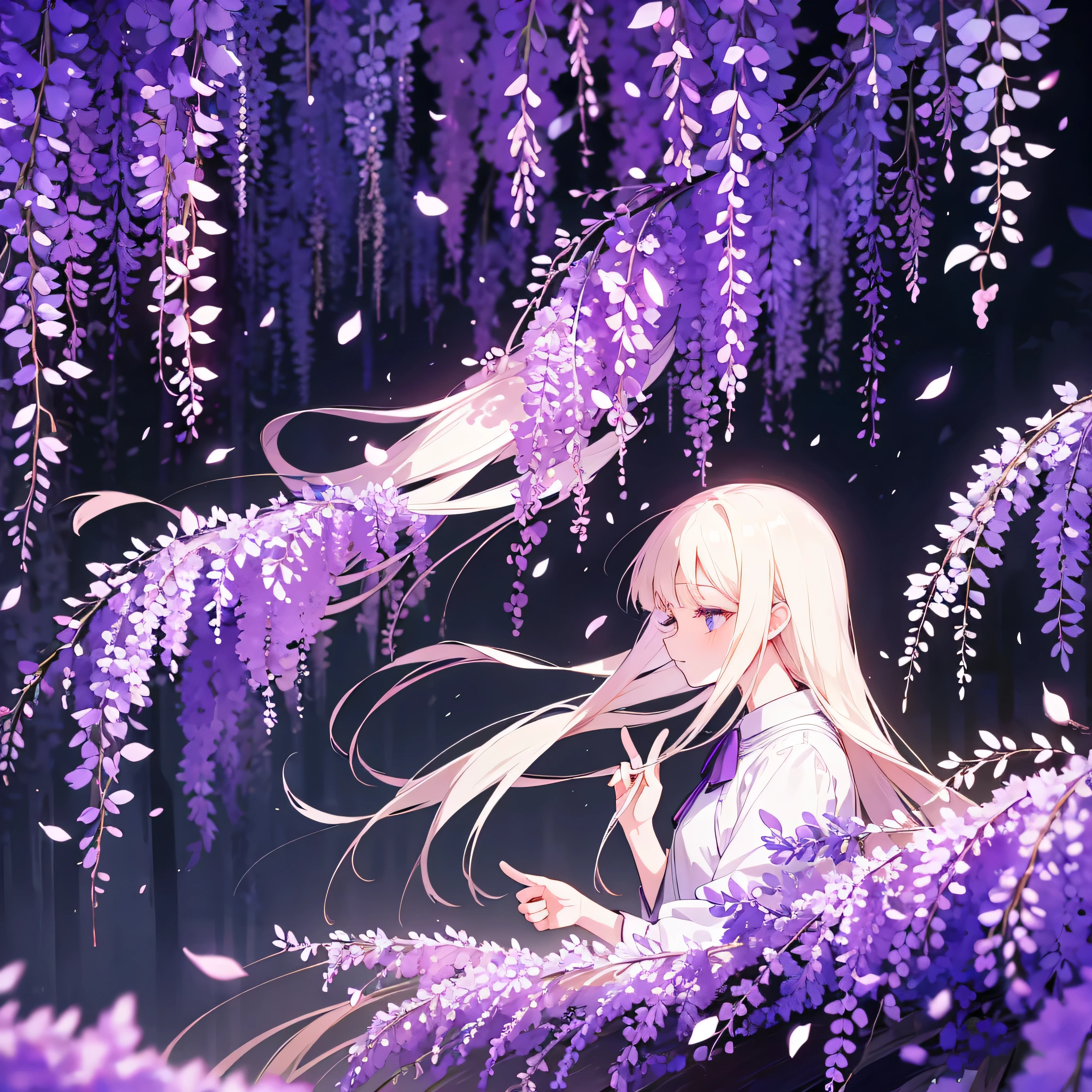 wisteria forest,  dark night, , (Beautifully Aesthetic:1.2),wisteria, peace, tranquility, serenity, petals, 