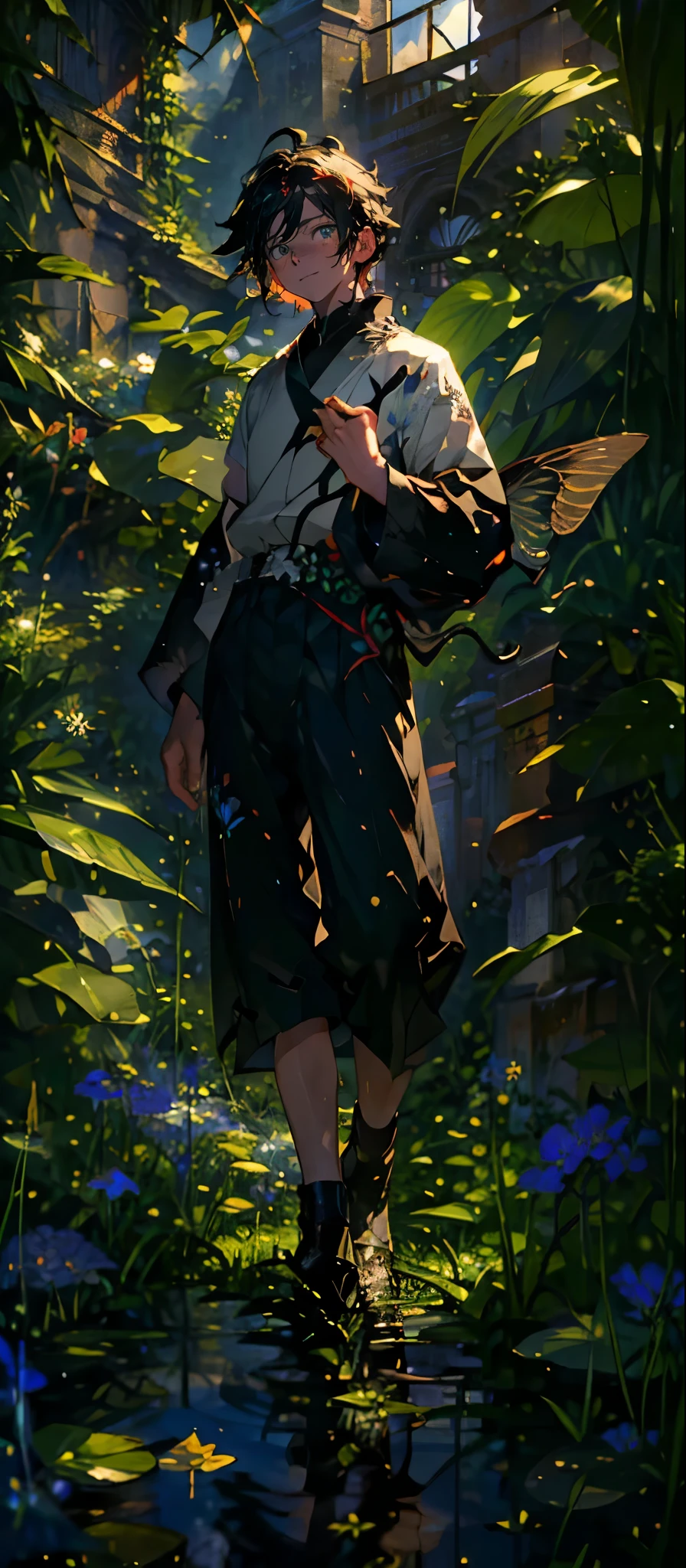 (Mastepiece), (Best Quality), Very detailed, (1 boy:1.5), (Full body solo shot:1.4), Perfect Face, Beautiful Boy, Very detailedな顔，(Black short hair:1.5)，(Green Eyes:1.4)，(short pants:1.4)、(Lots of butterflies々:1.4)、bird、(ruins、Plants、flower:1.4)、mysterious、Fantasy、beautiful、beautiful、(Close your eyes and laugh:1.3)、(Happy Face:1.4)、A big smile