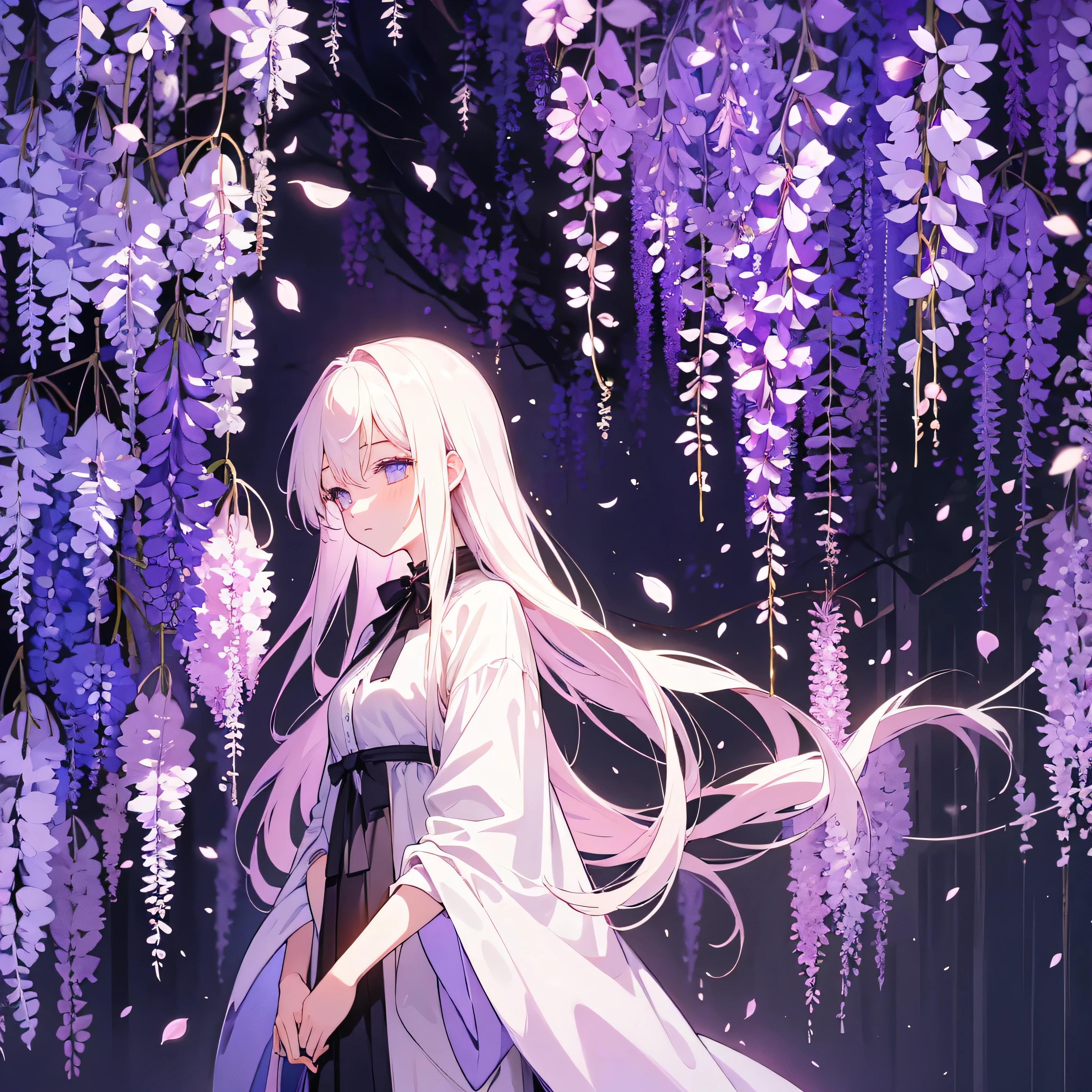 wisteria forest, dark night, , (Beautifully Aesthetic:1.2),wisteria, peace, tranquility, serenity, petals,