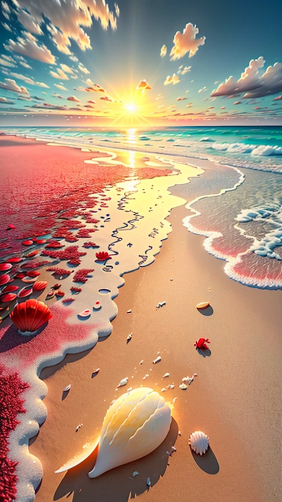 Exquisite scenes,Depth of Field, 8K, The ivory sky,White Cloud,The sun shines on the white sand beach. The coral sea,There are also many colorful tin shells on the beach,Red rose, roses focus,
