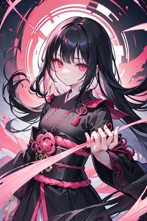original character , One girl, (Expressionless:1.2) ,  Black Hair , bangs , emotionless eyes , Red and black color scheme, Close your mouth, (Eyes open wide:1.2), Glowing Eyes, Pink Eyes, Pink Eyes、kimono、Young Girl、witch、Long Hair、Very short、Very young