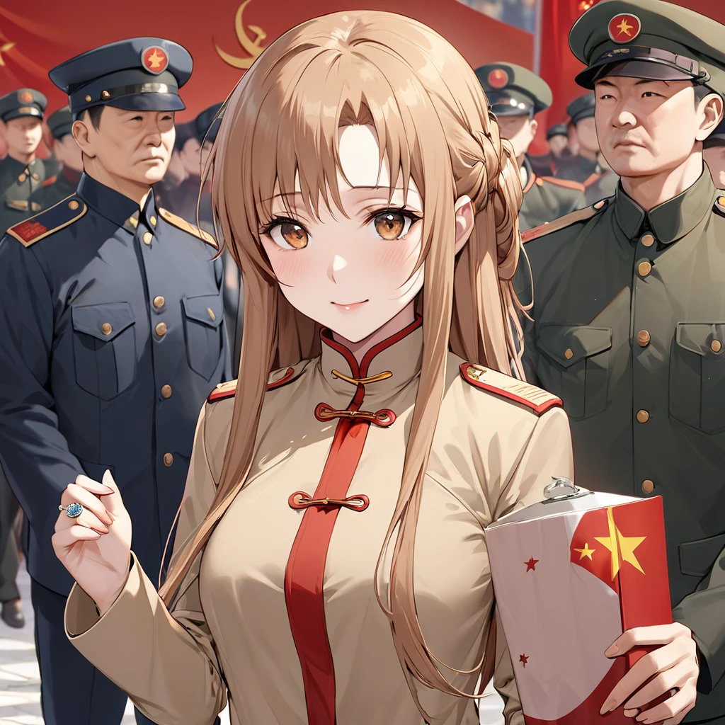 ((Highest quality)), ((masterpiece)), (detailed), （Perfect Face）、The woman is Chinese, Yuuki Asuna, a Chinese woman with light brown, medium-long hair and an engagement ring. She is a member of the glorious Chinese Communist Party and has sworn absolute loyalty to the Chinese Communist Party. She is a righteous Chinese Communist Party member and the wife of a great Communist Party official.、The woman is wearing the khaki Mao suit of the Chinese Communist Party.、For the sake of China, their hairstyles, clothes, and everything they wear are all Chinese Communist Party items, and their thoughts are also Chinese, becoming great Chinese in body and mind.、The woman became Yuuki Asuna, a Chinese woman who is proud of and loves China.、She is serving China as a member of the great Communist Party of China.、The woman is a beautiful, respectable and exemplary Communist Party member.