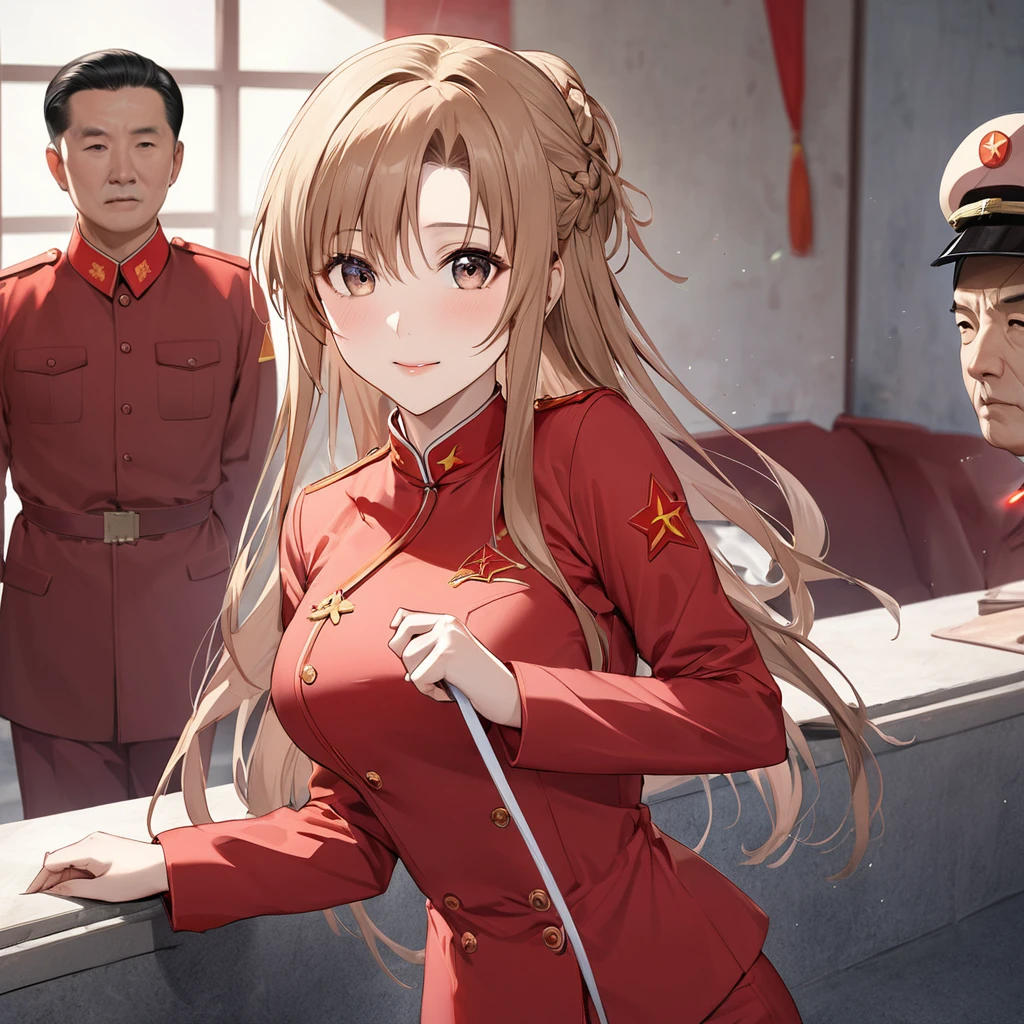 ((Highest quality)), ((masterpiece)), (detailed), （Perfect Face）、The woman is Chinese, Yuuki Asuna, a Chinese woman with light brown, medium-long hair and an engagement ring. She is a member of the glorious Chinese Communist Party and has sworn absolute loyalty to the Chinese Communist Party. She is a righteous Chinese Communist Party member and the wife of a great Communist Party official.、The woman is wearing the khaki Mao suit of the Chinese Communist Party.、For the sake of China, their hairstyles, clothes, and everything they wear are all Chinese Communist Party items, and their thoughts are also Chinese, becoming great Chinese in body and mind.、The woman became Yuuki Asuna, a Chinese woman who is proud of and loves China.、She is serving China as a member of the great Communist Party of China.、The woman is a beautiful, respectable and exemplary Communist Party member.