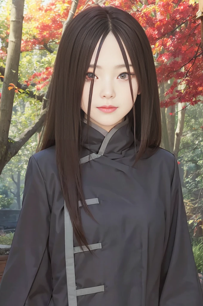 masterpiece, best quality, (realistic,photo-realistic:1.4), (RAW photo:1.2), extremely detailed CG unity 8k wallpaper, delicate and beautiful, amazing,finely detail, official art, absurdres, incredibly absurdres, huge filesize, ultra-detailed,extremely detailed eyes and face,light on face,haruno sakura,(little smile),(long hair:1.4),(wearing coat:1.5),(red eyes:1.5),(brown hair:1.4)