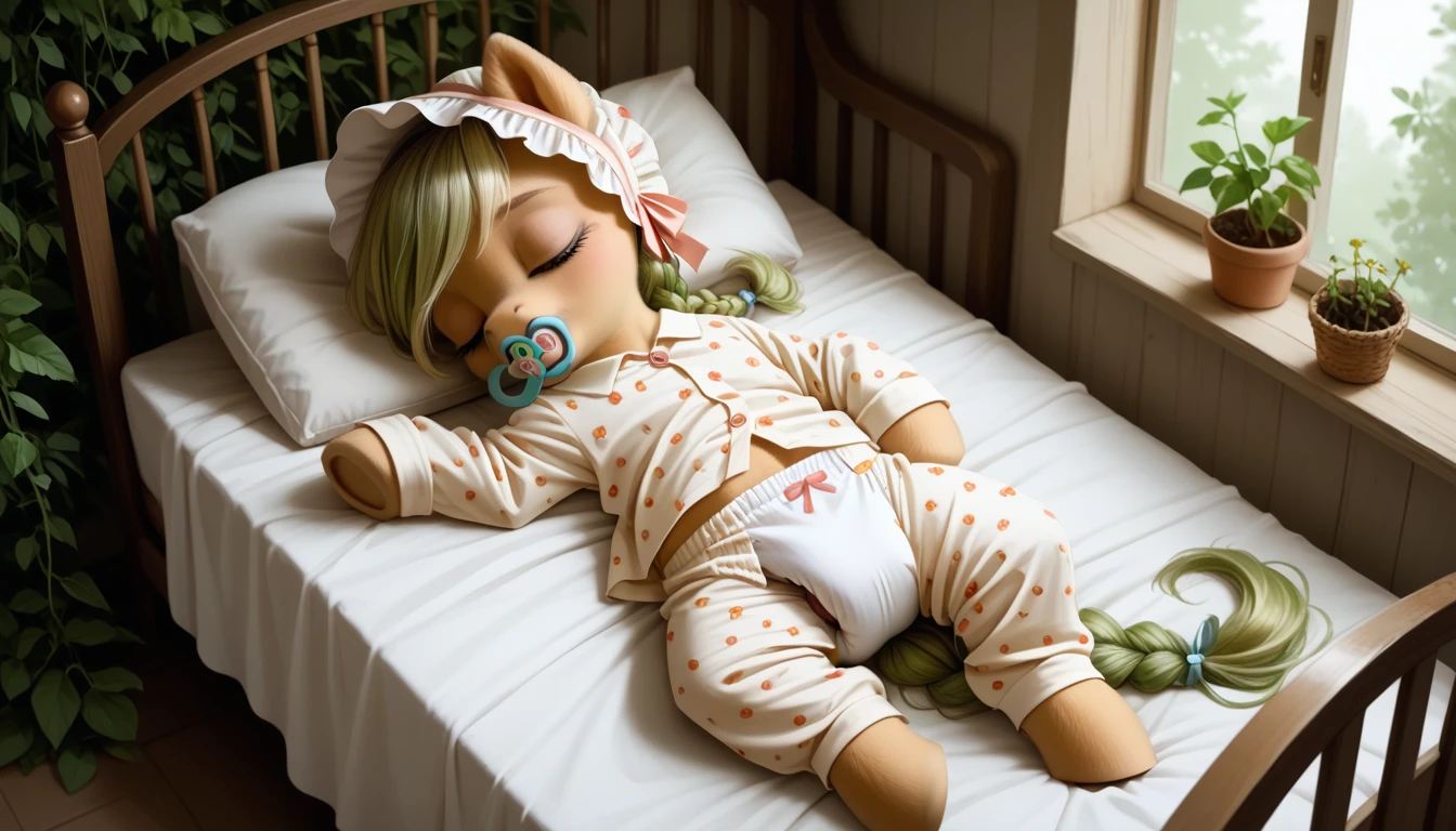 pony, beige earth pony, no horn, no wings, adult filly, lush mane braided into a braid, lush tail, closed eyes, sleeping in a crib, dressed in an pajamas and bonnet, pacifier in her mouth, solo, thick diaper under her clothes.
